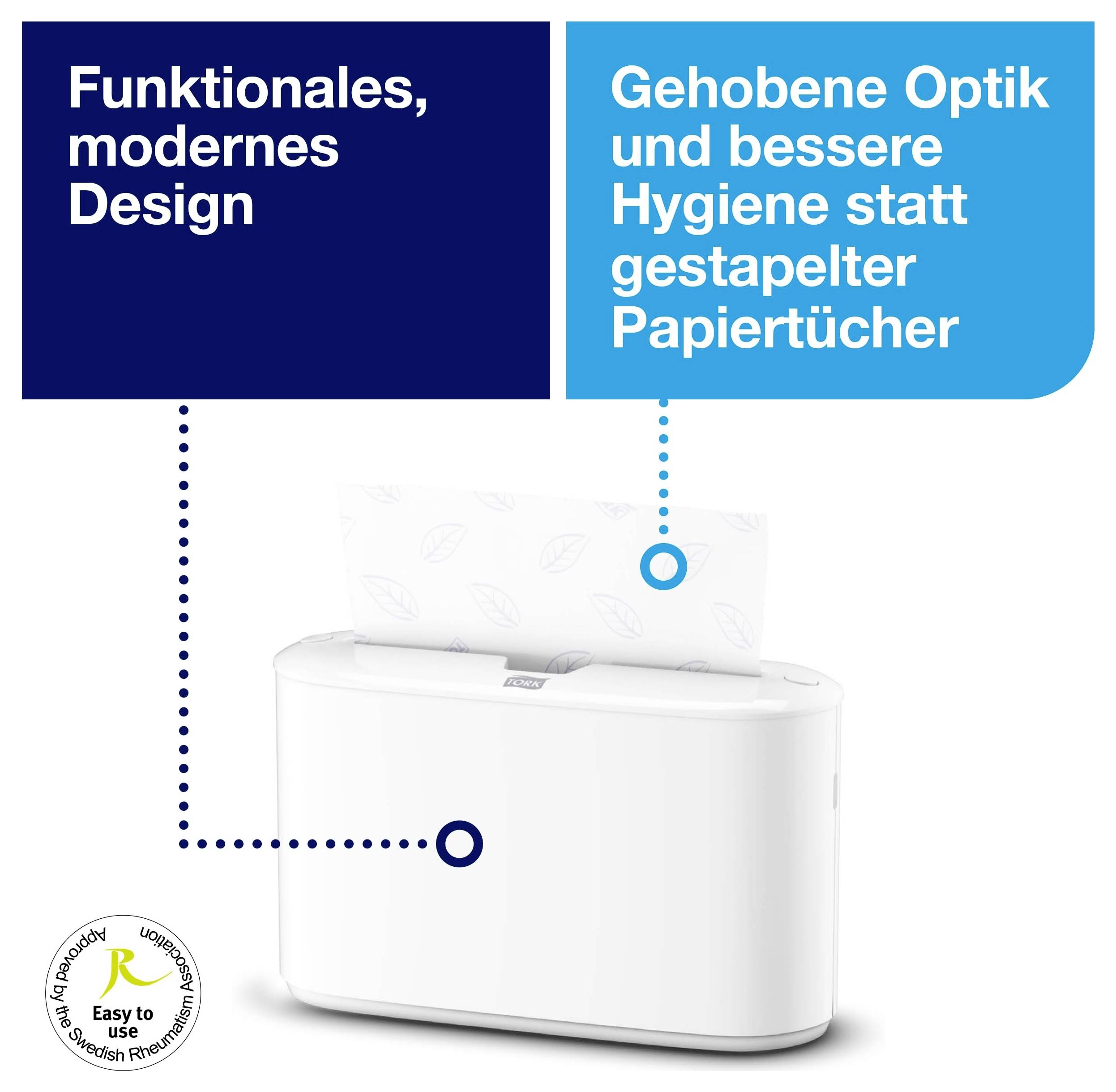 Bijeli higijenski dispenzer s papirnima ručnicima; promotivni tekst naglašava moderni dizajn i bolju higijenu umjesto naslaganih papirnih ručnika.