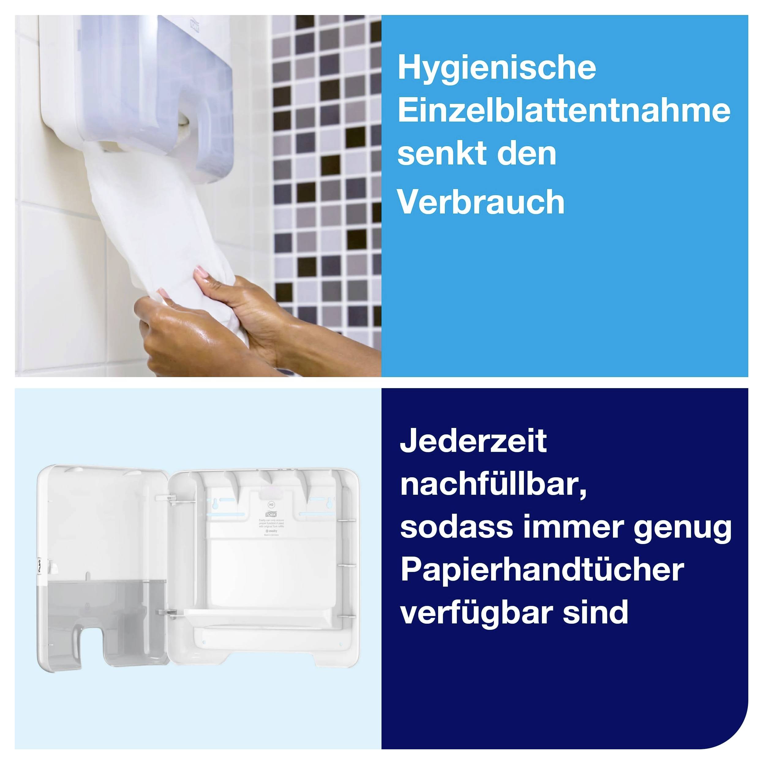 Reklamna grafika: Osoba izvlači papirnate ručnike iz dispenzera; tekst spominje higijensku pojedinačnu dostavu lista, manji potrošak i dispenzers koji se može puniti bilo kada.