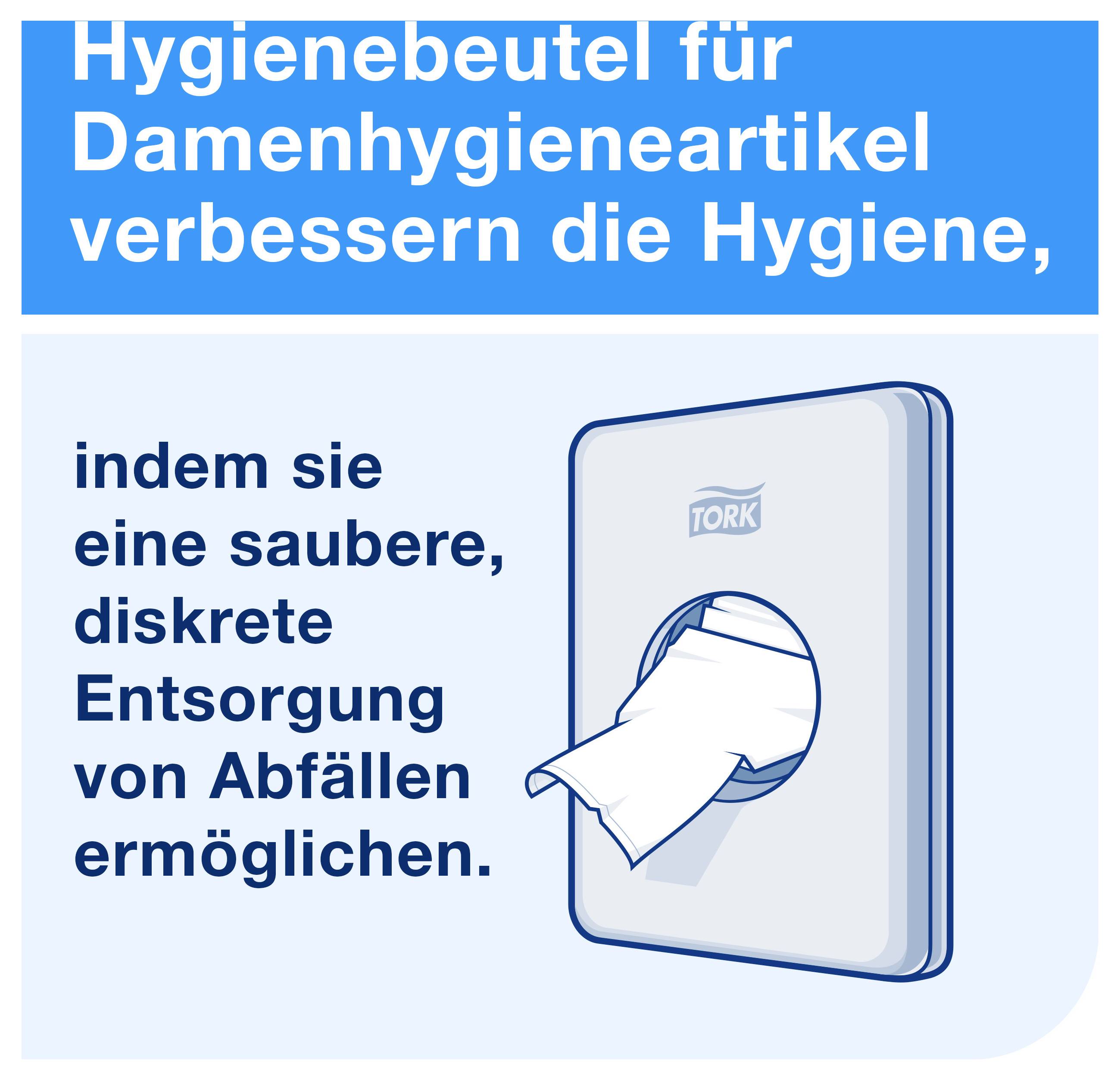Grafikon s tekstom: 'Vrećice za higijenu za ženske higijenske artikle poboljšavaju higijenu omogućavajući čisto, diskretno odlaganje otpada' i dispenzatora s istaknutom vrećicom.