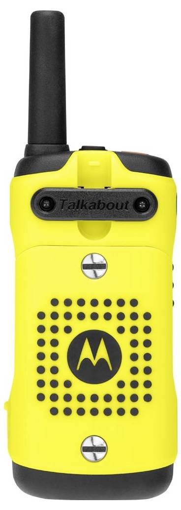 Žuta Motorola Talkabout prijenosna radiotelefonska stanica s crnom antenom, zvučničkom mrežicom i kontrolama na običnoj bijeloj pozadini.