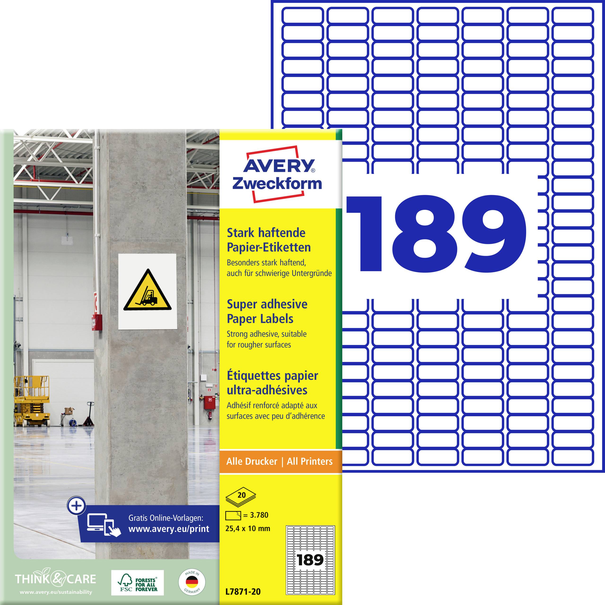 Avery Zweckform super fleksibilne papirne naljepnice, paket proizvoda 189 za sve pisače, prikazan sa listovima naljepnica i znakom opasnosti na podu skladišta.