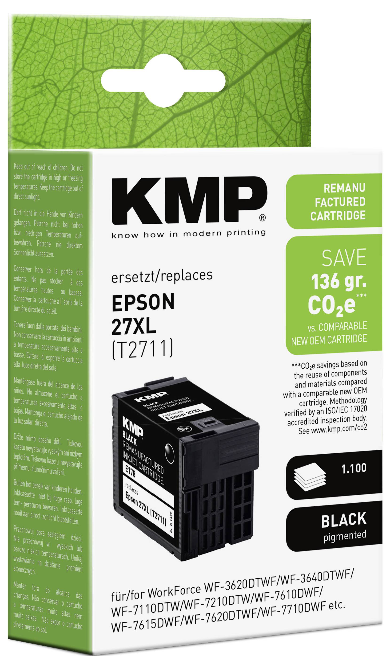 KMP crna remanufacturana kaseta s tintom za Epson 27XL (T2711), štedi 136 g CO2e i 1.100 stranica, kompatibilna s nekoliko modela Epson pisača.