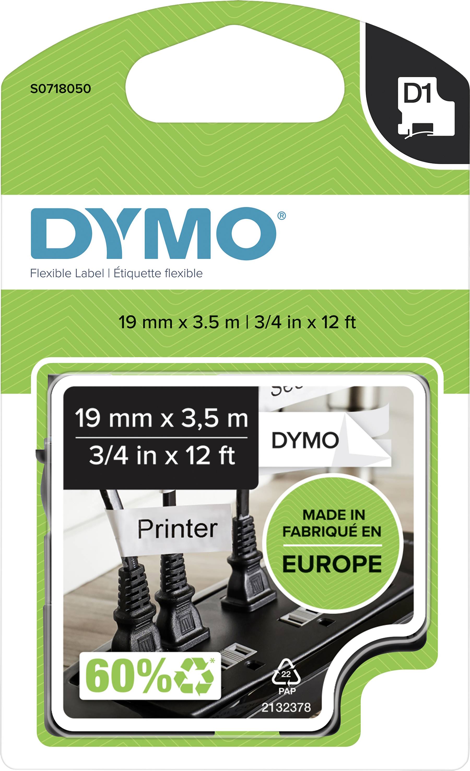 Produktna ambalaža za DYMO D1 traku za naljepnice, 19 mm x 3,5 m; istaknute značajke: 'Made in Europe', 60% reciklirano.