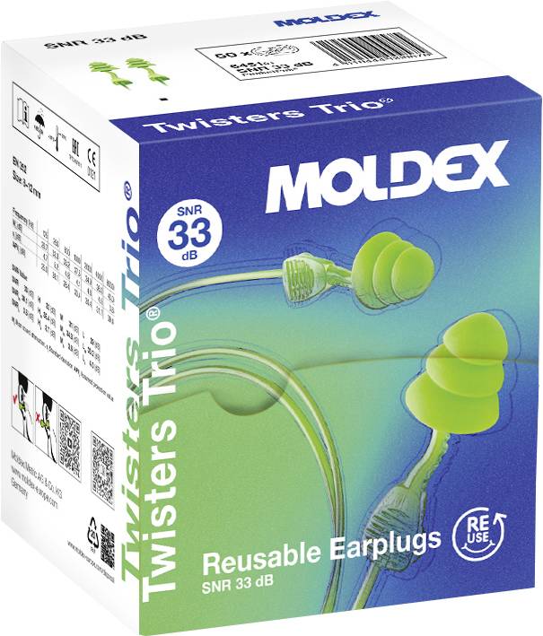 Kutija 'Moldex Twisters Trio' ponovno iskoristivih ušnih čepova. Odličje zelene ušne čepove i ističe njihovu ocjenu smanjenja buke od 33 dB.