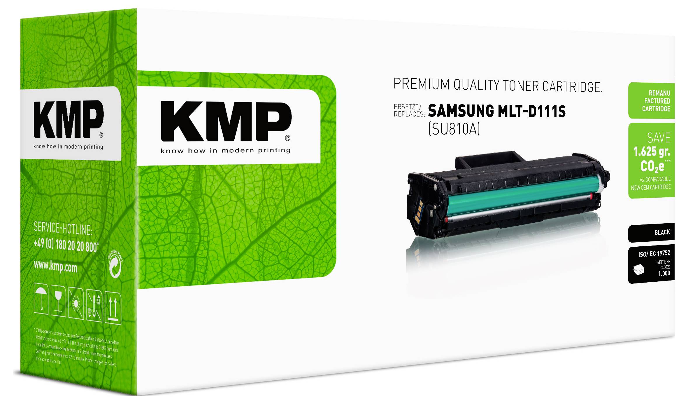KMP premium kvalitetni tonski uložak za Samsung MLT-D111S, prikazuje crni tonski uložak i zelenu kutiju brenda.