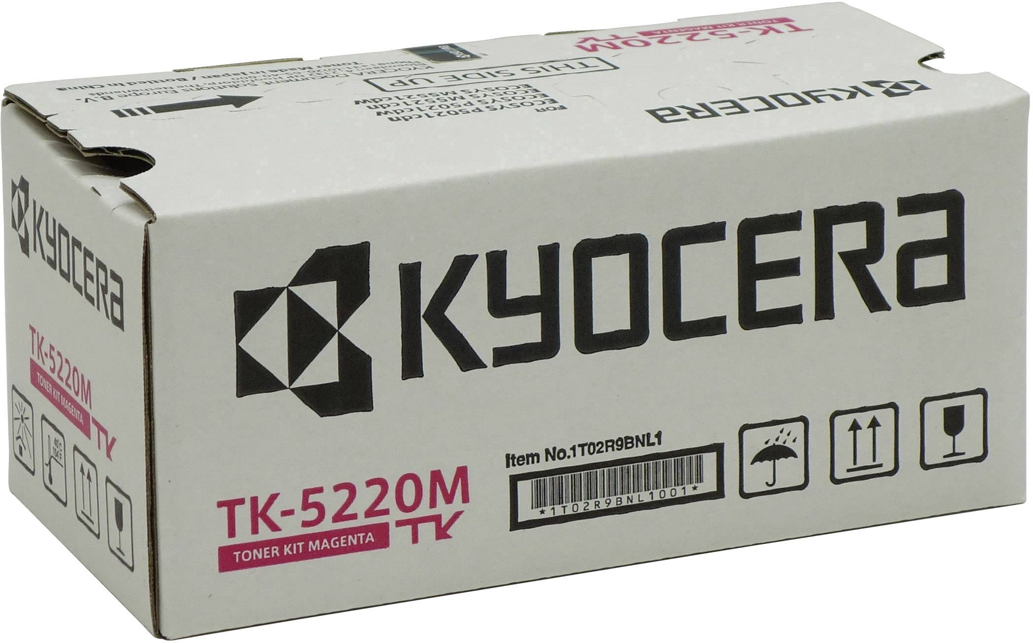 Bijela kutija s logotipom i tekstom 'KYOCERA TK-5220M'. Sadržava magenta tonerski komplet za pisač.