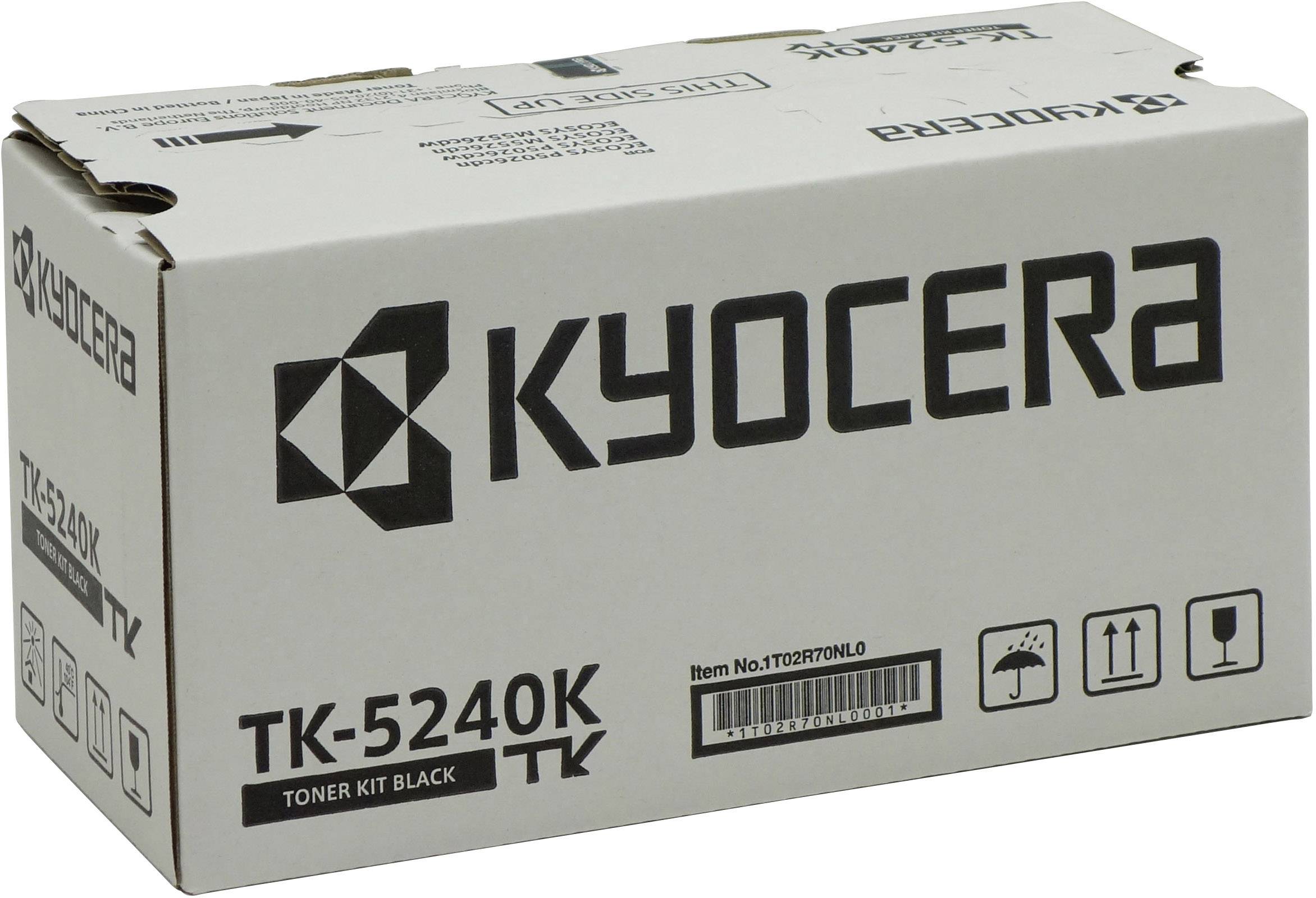 Bijela ambalaža Kyocera TK-5240K tonera u crnoj boji s logotipom i informacijama o proizvodu na prednjoj strani.