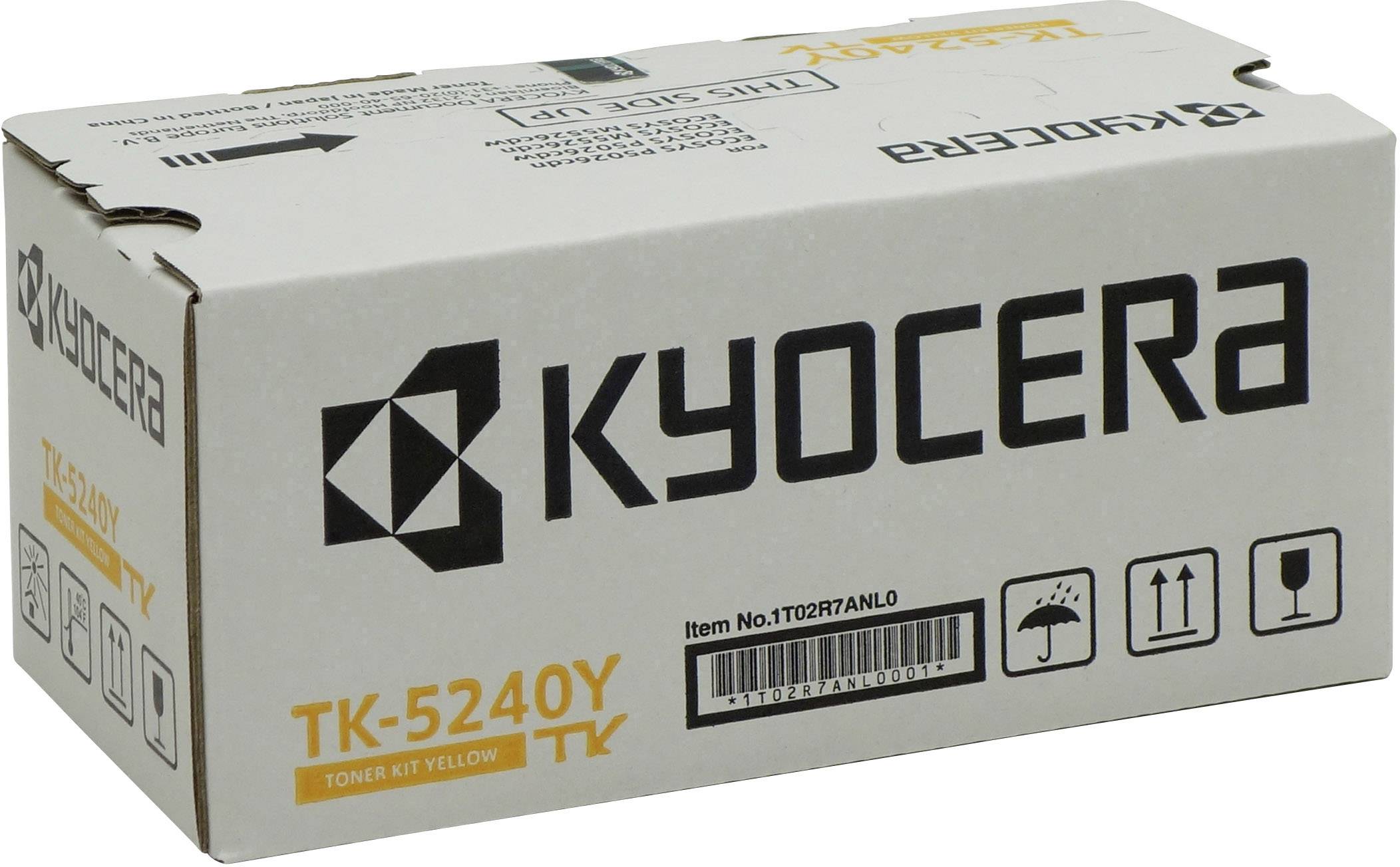 Crni toner-komplet Kyocera TK-5240Y, pakiranja s informacijama o proizvodu i barkod, pogodan za Kyocera pisače.