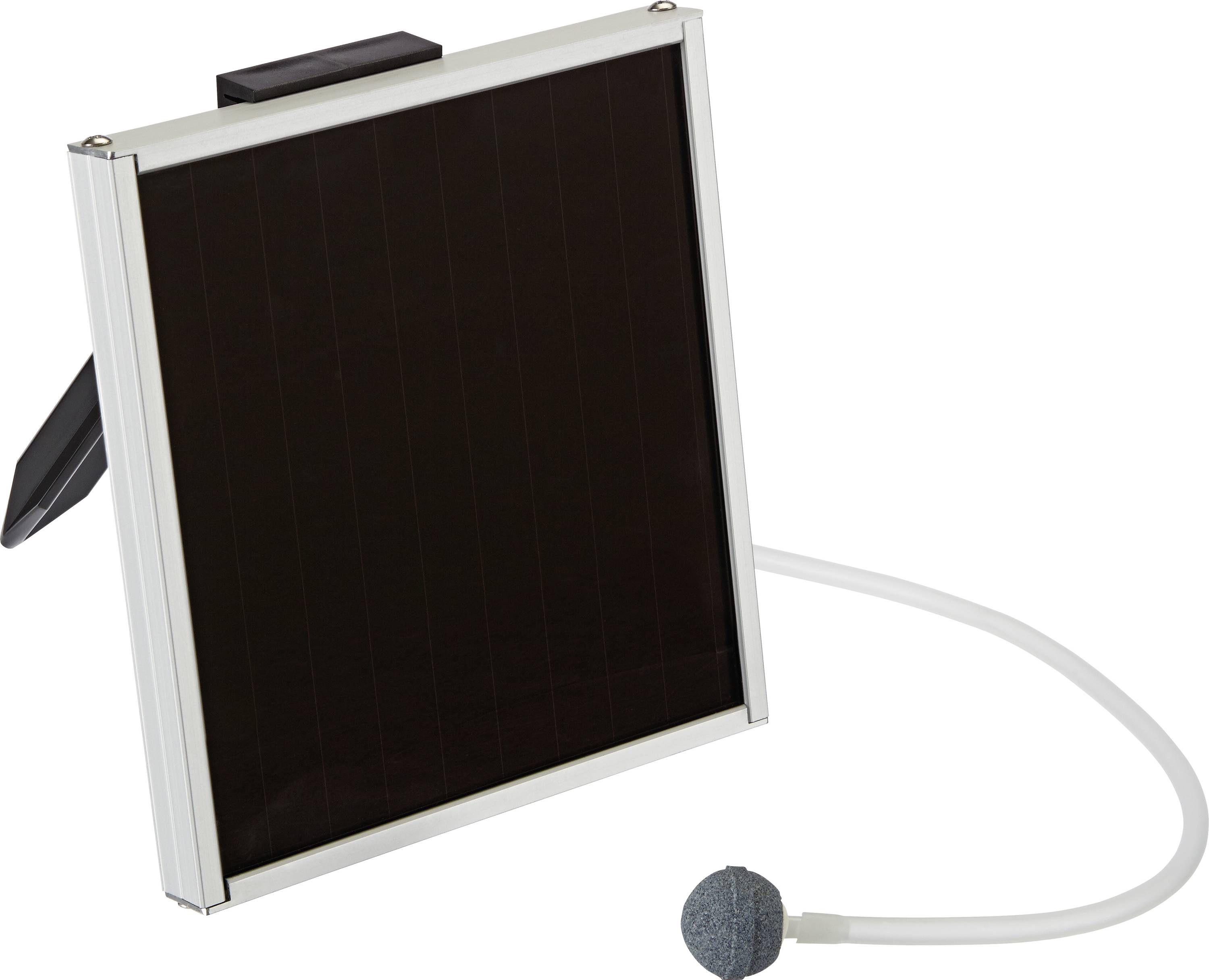 Solarni panel povezan s kružnim, kamenu sličnom difuzoru putem cijevi, namijenjen za upotrebu u vodenim obilježjima ili malim ribnjacima.