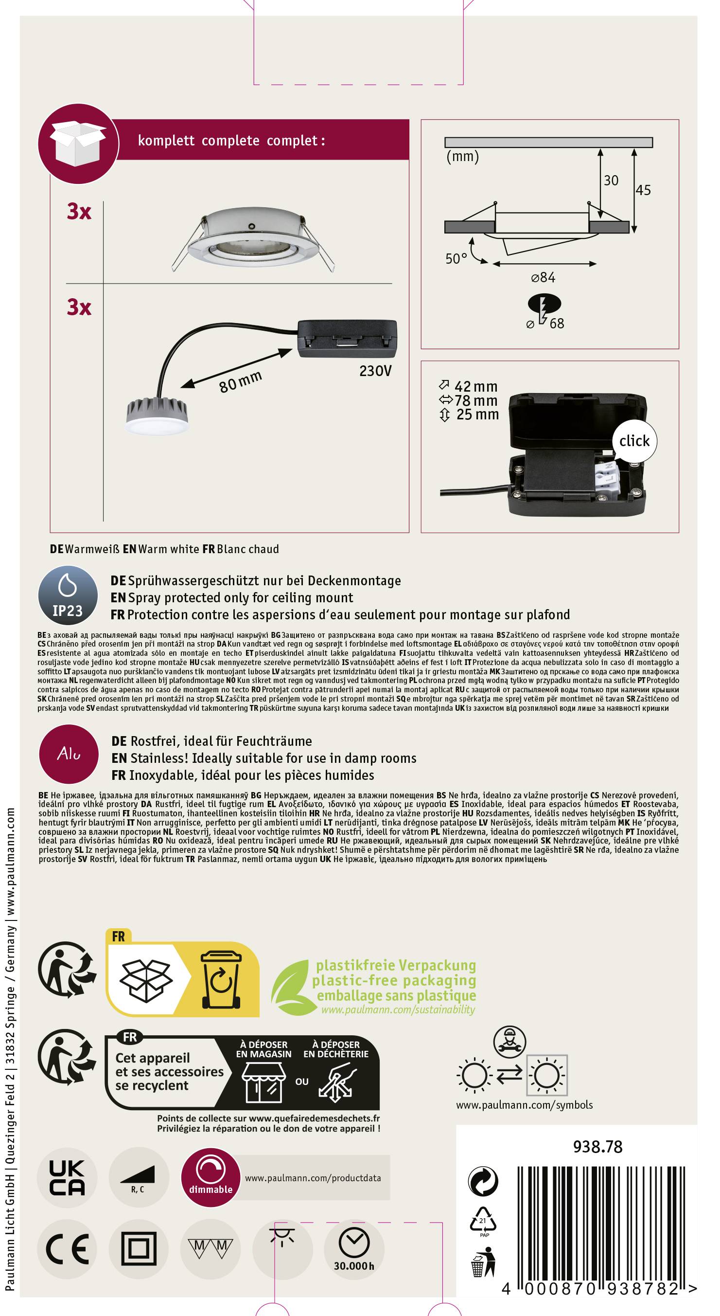 Stražnja strana pakiranja lampe: prikazuje upute za montažu s dimenzijama i pripadajućim dodacima. Napomene na njemačkom i francuskom jeziku.