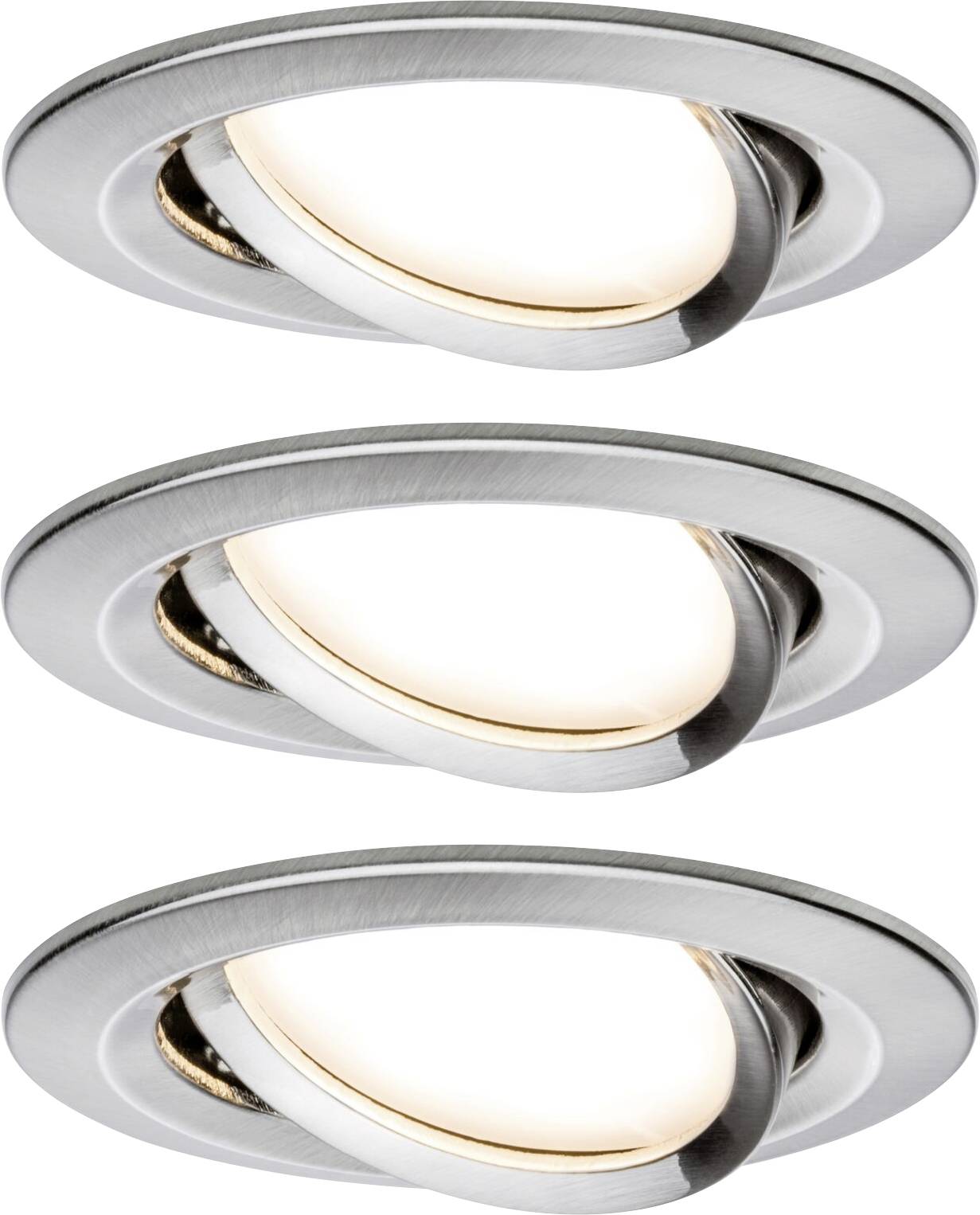 Tri pomične ugradbene svjetiljke od brušenog metala, osvjetljene, u vertikalnom rasporedu. Idealne za naglašeno osvjetljenje.