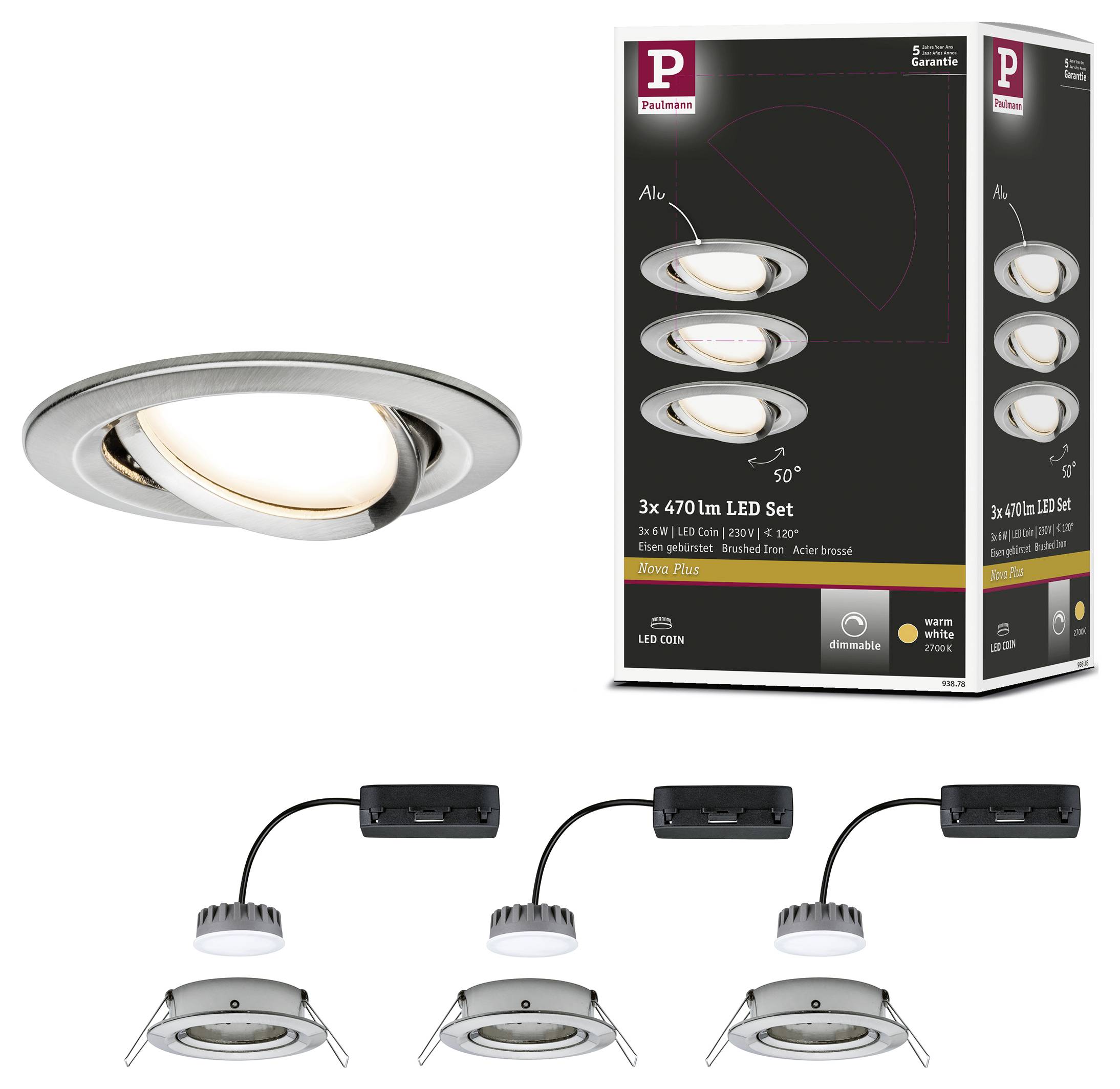 Set od tri zakretljive LED ugradbene reflektore snage 470 lumena, pakiran u kutiji. Pogodan za stambene prostore, u brušenoj srebrnoj boji.