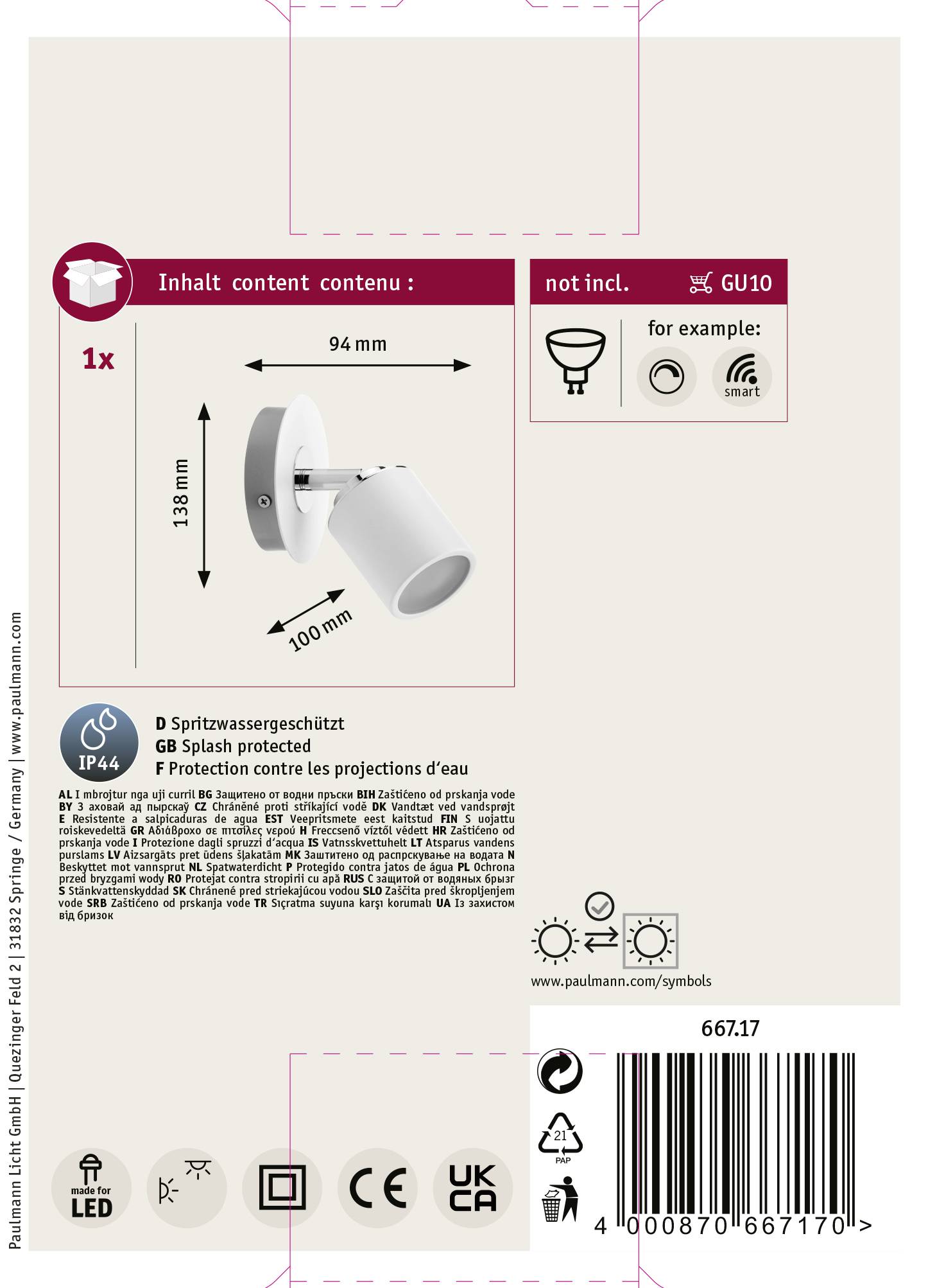 1x LED zidna lampa, zaštićena od prskanja vode (IP44), dimenzije: 94 mm x 138 mm, GU10 podnožje, nije uključena. Prikazana je primjerna instalacije.