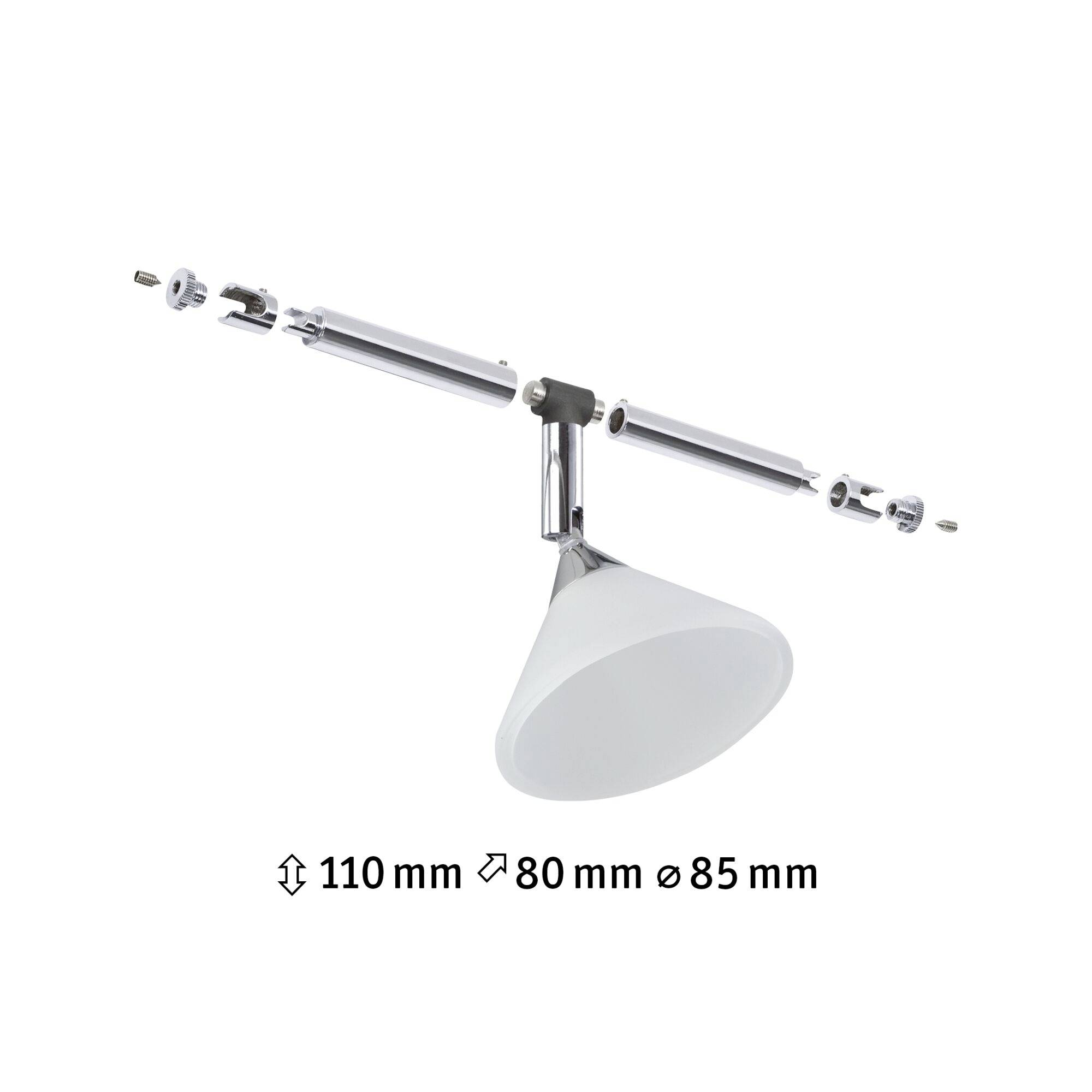 Podesiva stropna lampa širine 110 mm, dubine 80 mm i promjera sjenila od 85 mm.