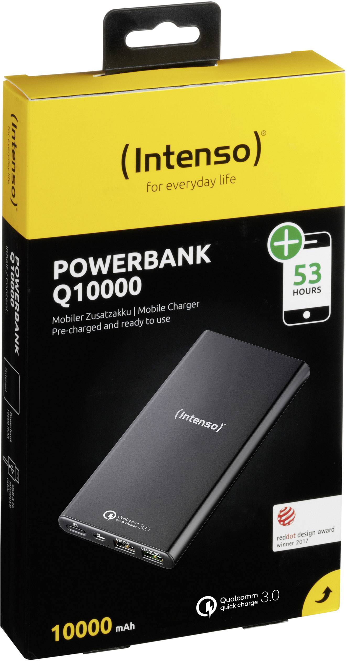 Ambalaža Intenso Powerbank Q10000 od 10.000 mAh, prikazuje sliku powerbanke i ističe 53 sata dodatnog trajanja baterije.