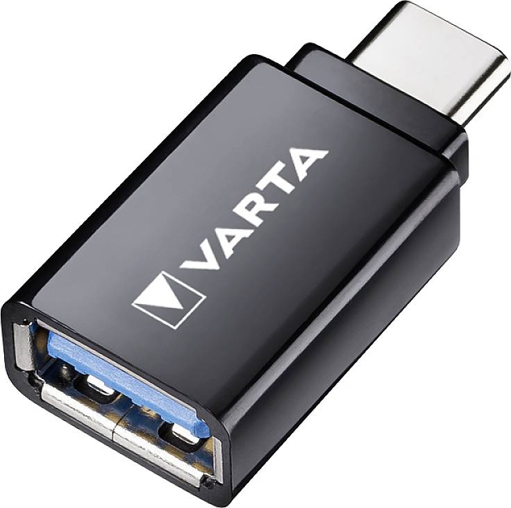 USB-C adapter s logotipom 'VARTA'-a, crne boje, pogodan za spajanje USB-A uređaja na USB-C priključke. Idealan za prijenos podataka.