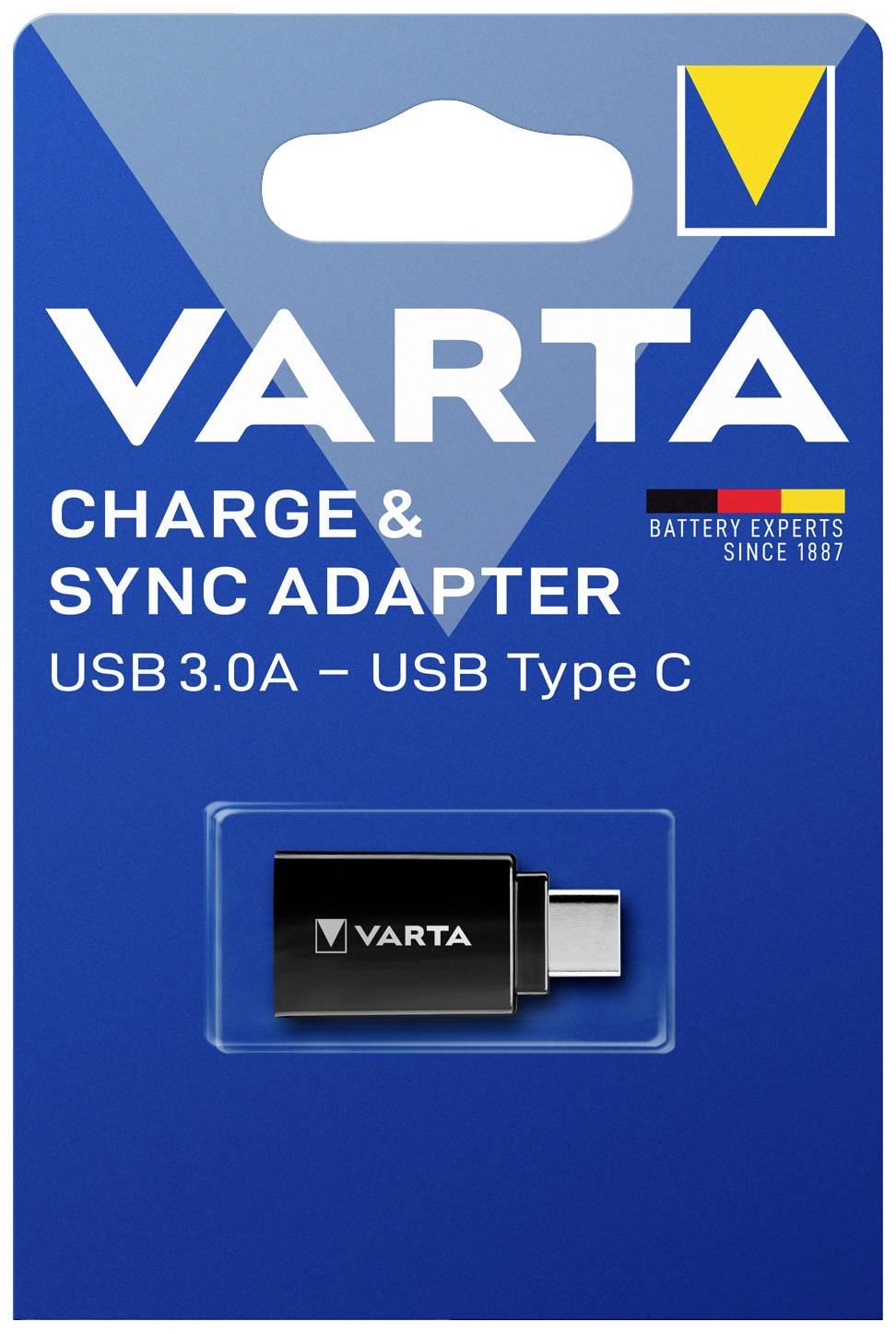 Na pakiranju piše: 'VARTA Charge & Sync Adapter USB 3.0A – USB Type C'. Sadrži adapter i VARTA logo.