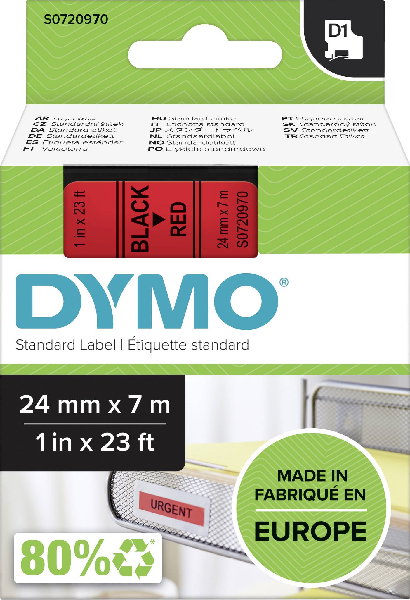 Naljepnica 'DYMO' u crnoj i crvenoj boji, 24 mm x 7 m. Tekst: 'MADE IN FABRIQUE EN EUROPE', '80%'. Ambalaža prikazuje obojene primjere.