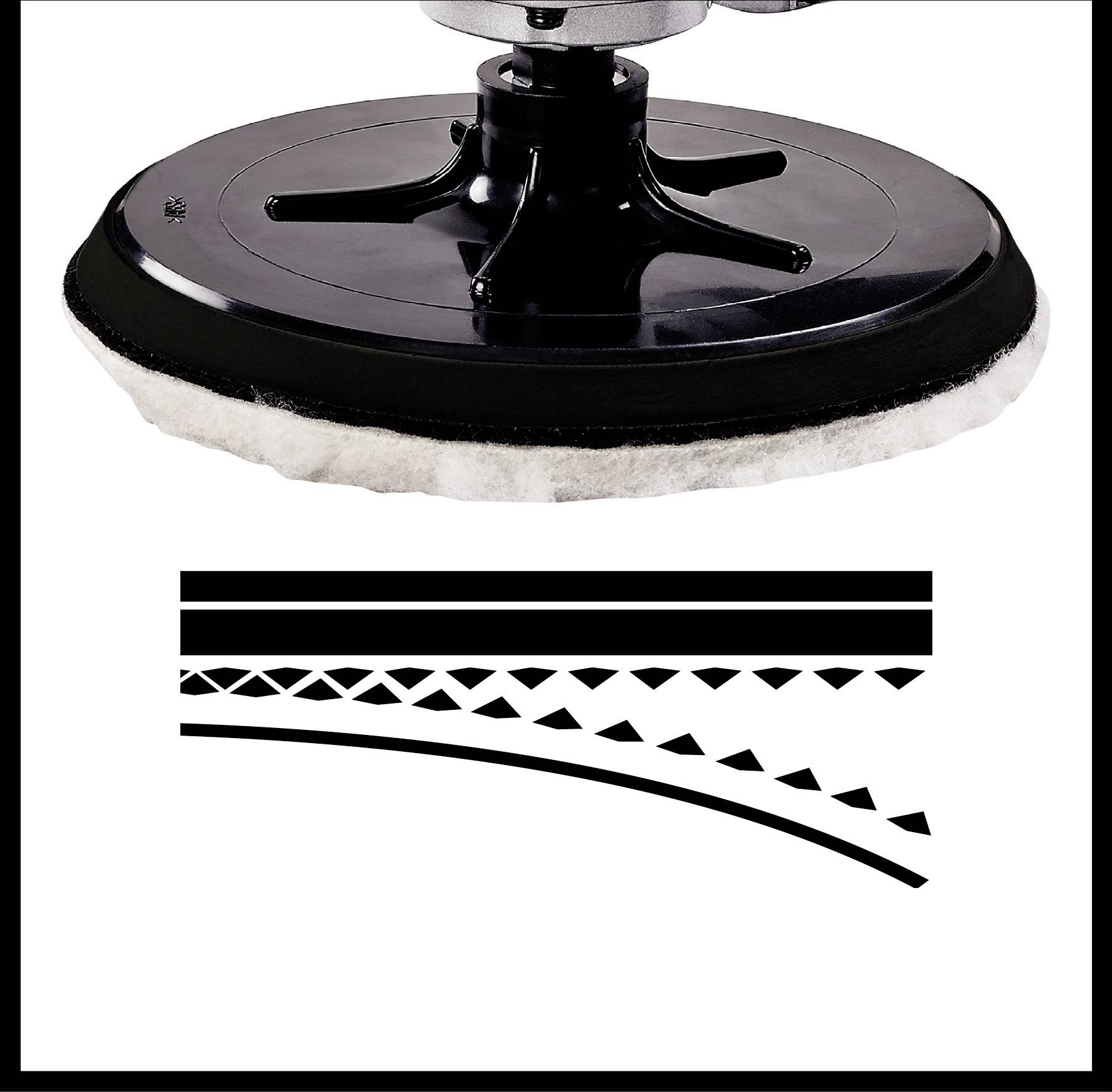 Polirna mašina sa kružnom polirnom pločom. Ispod: Dijagram s tri linije različitih uzoraka koje padaju nadesno.