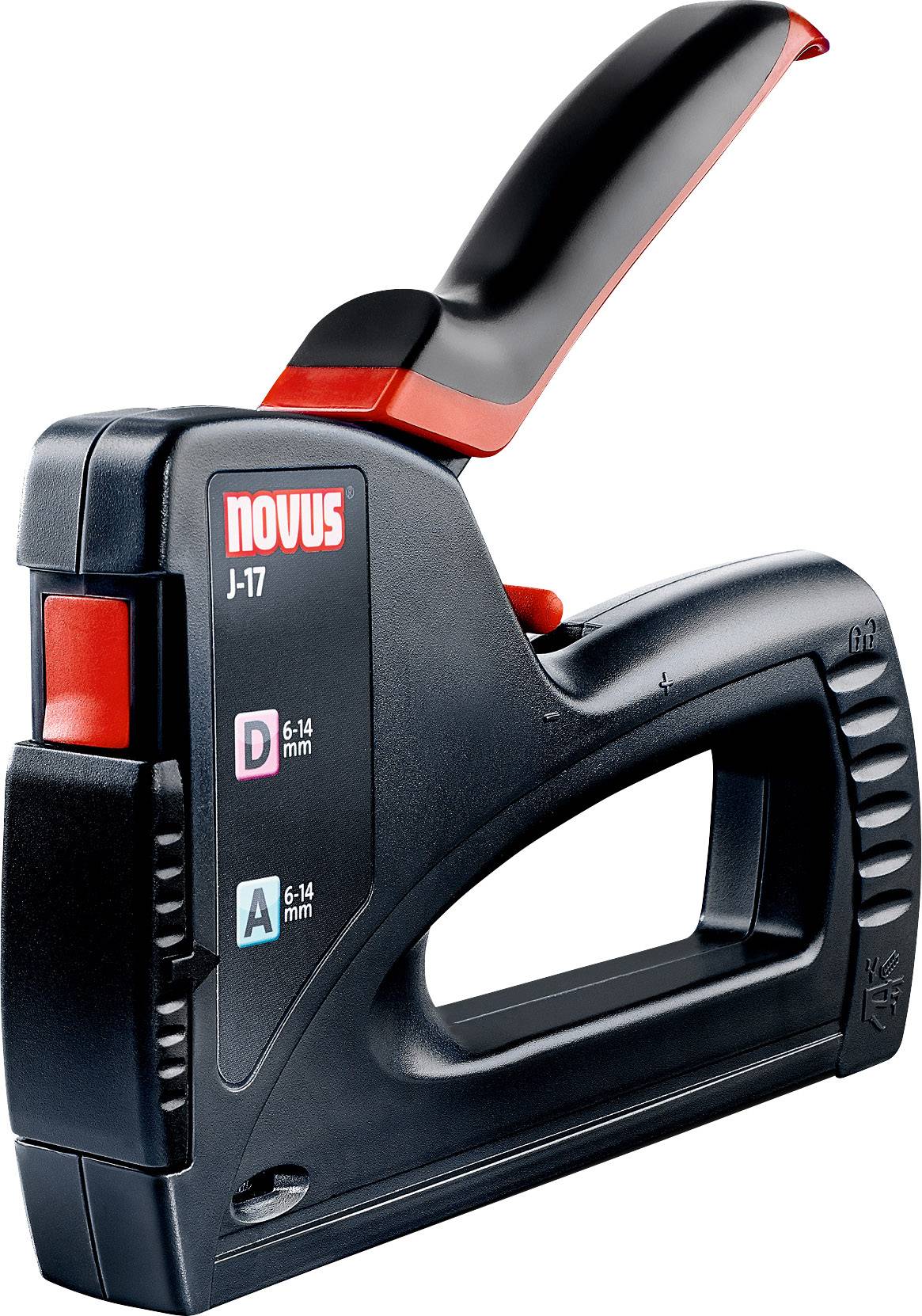 Crni i crveni ručni spajalica marke Novus, model J-17, pogodan za spajalice veličine 6-14 mm. Ergonomski rukohvat, robusna izrada.