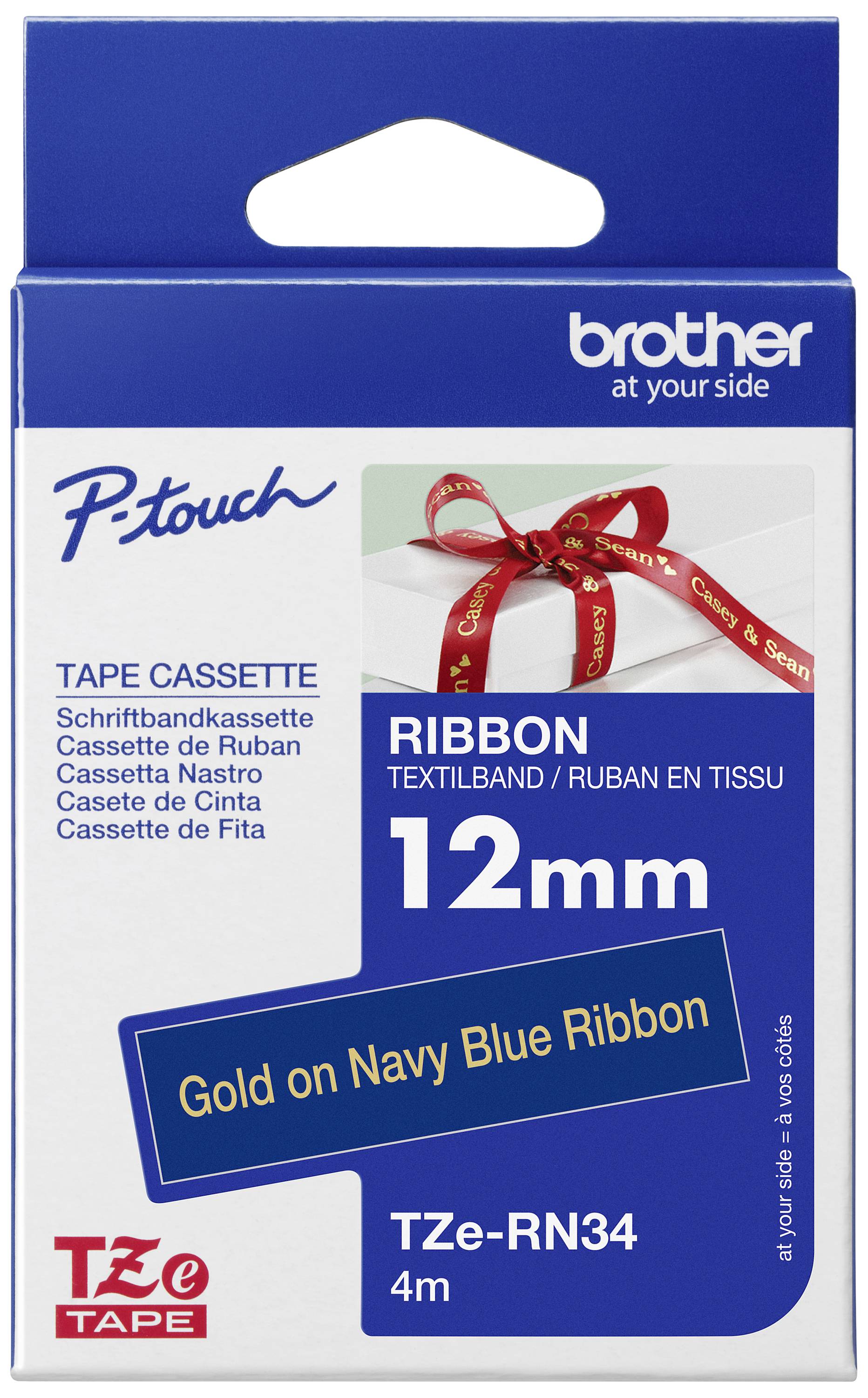 Paket Brother P-touch vrpce, 12 mm zlatni tekst na mornarskoplavo pozadini, duljine 4 metra.