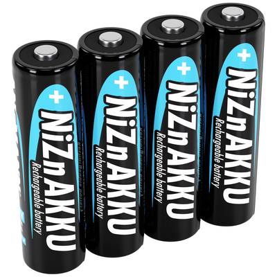 Četiri crna NiZn punjiva baterija s plavim natpisom 'Rechargeable battery', postavljene uspravno jedna do druge.