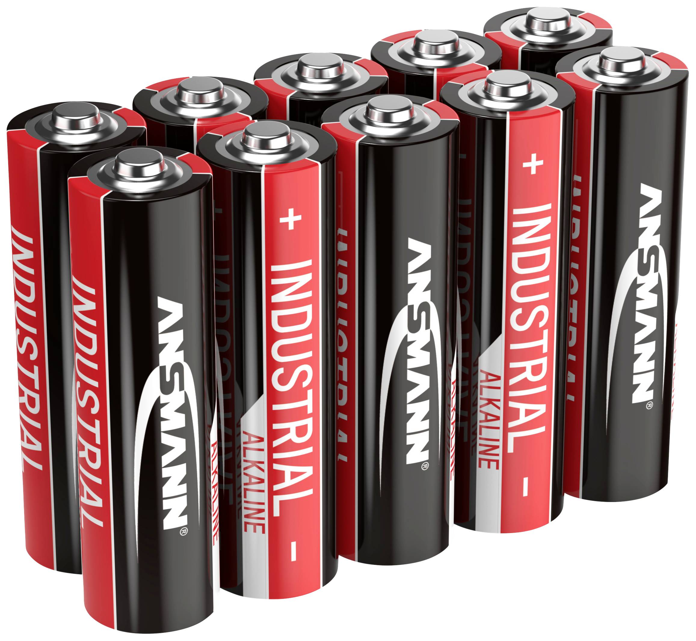 Nekoliko AA baterija s natpisima 'INDUSTRIAL' i 'ALKALINE', poredanih u dva reda, s crnim i crvenim omotačima i srebrnim završecima.
