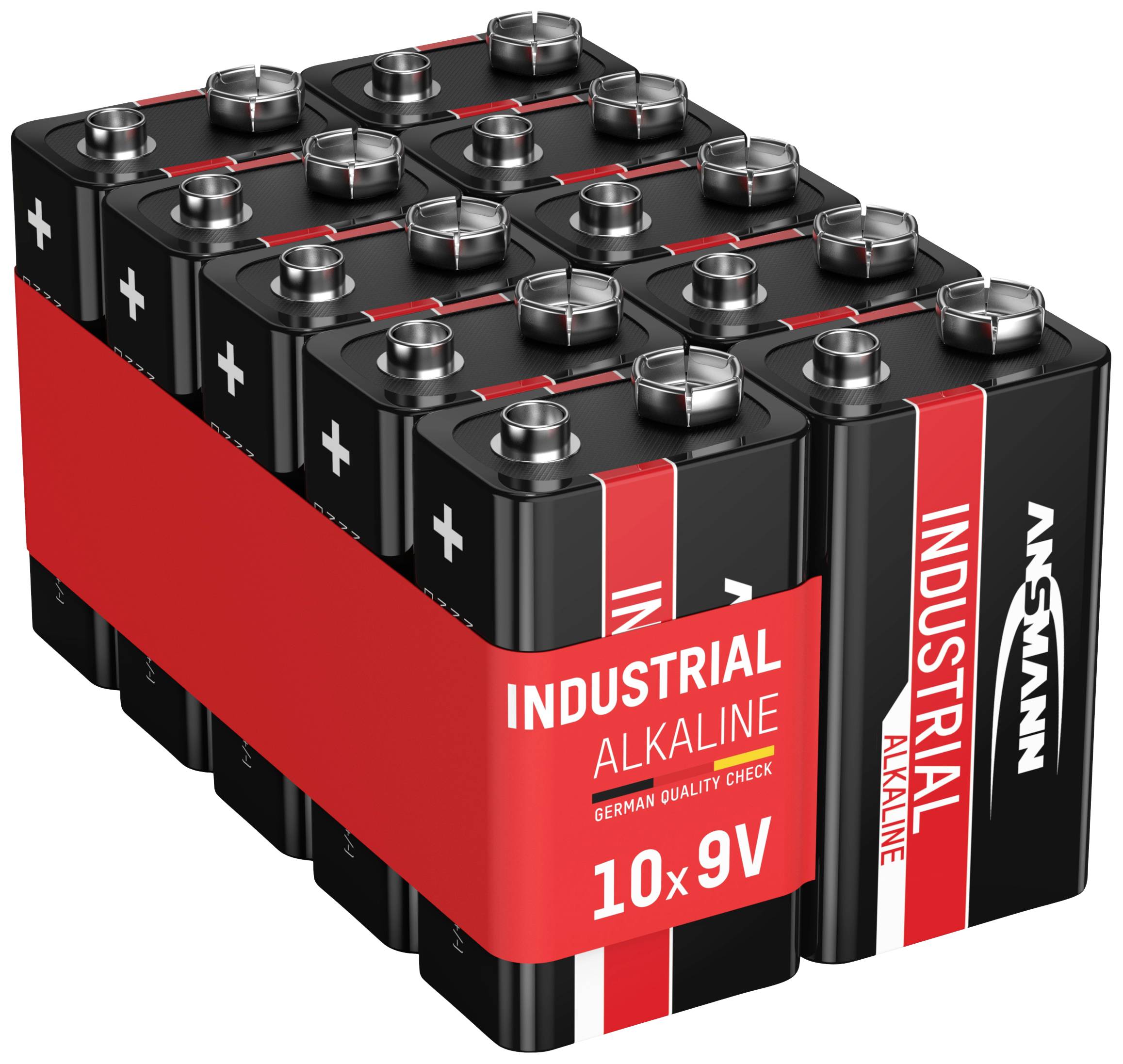 Pakiranje od 10 industrijskih 9V alkalnih baterija, crne boje s crvenom etiketom, označeno natpisom 'INDUSTRIAL ALKALINE' i 'ANSMANN'.