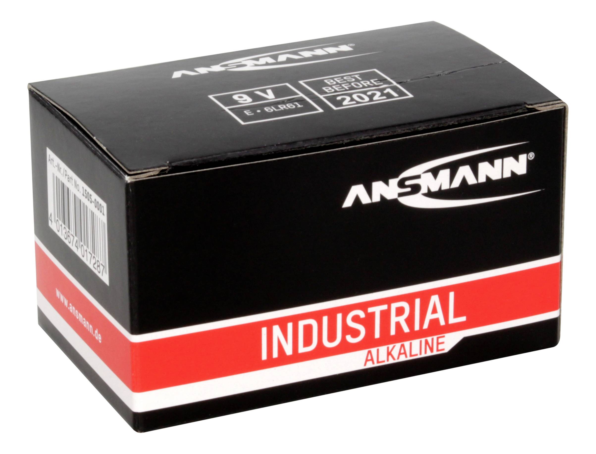 Crna ambalaža s natpisom 'ANSMANN INDUSTRIAL ALKALINE' i '9V'. Rok trajanja: 2021.