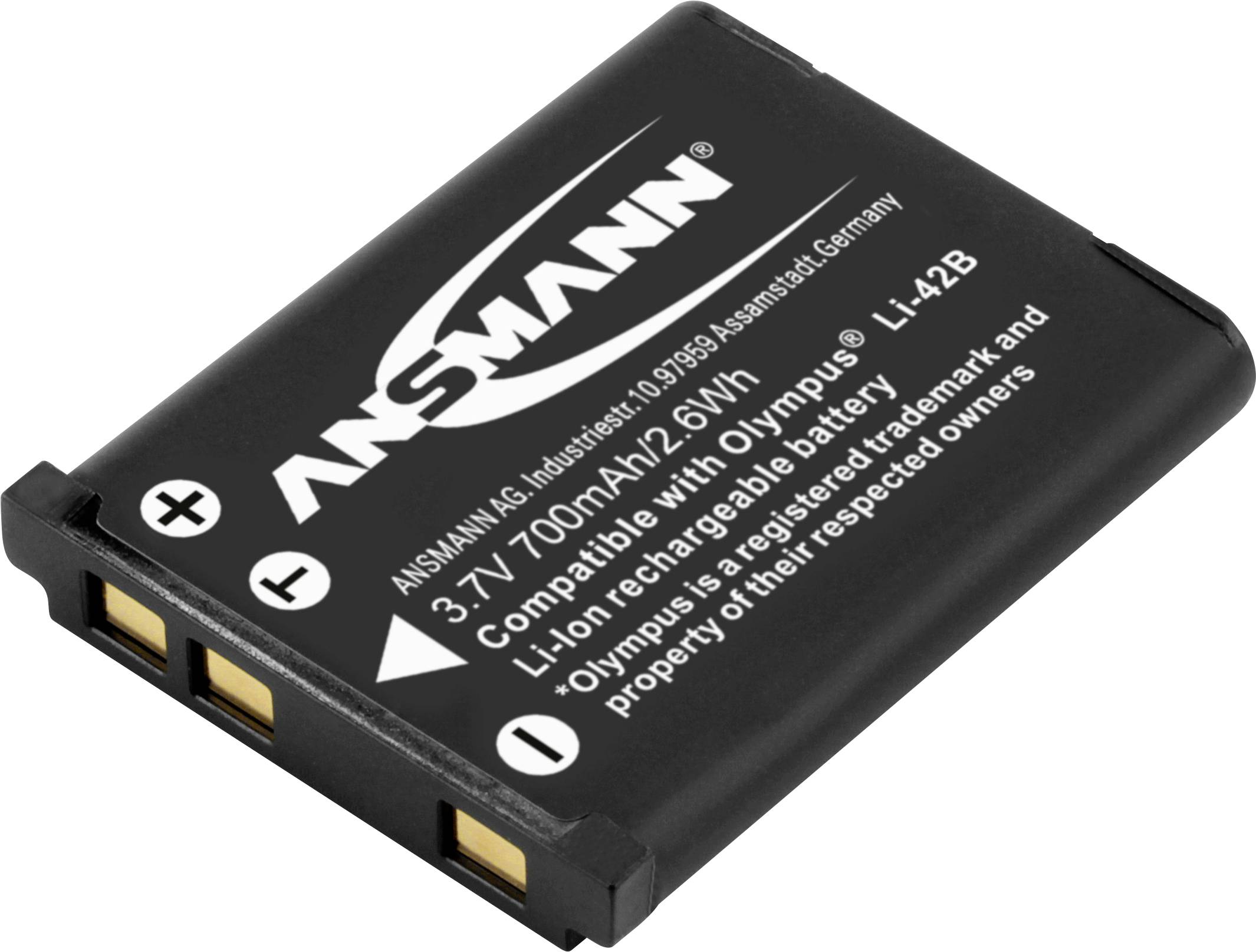 Crni litij-ionski akumulator od Ansmanna, 3,7V, 700mAh, kompatibilan s Olympus LI-42B, s tri zlatne kontaktne površine na jednoj strani.