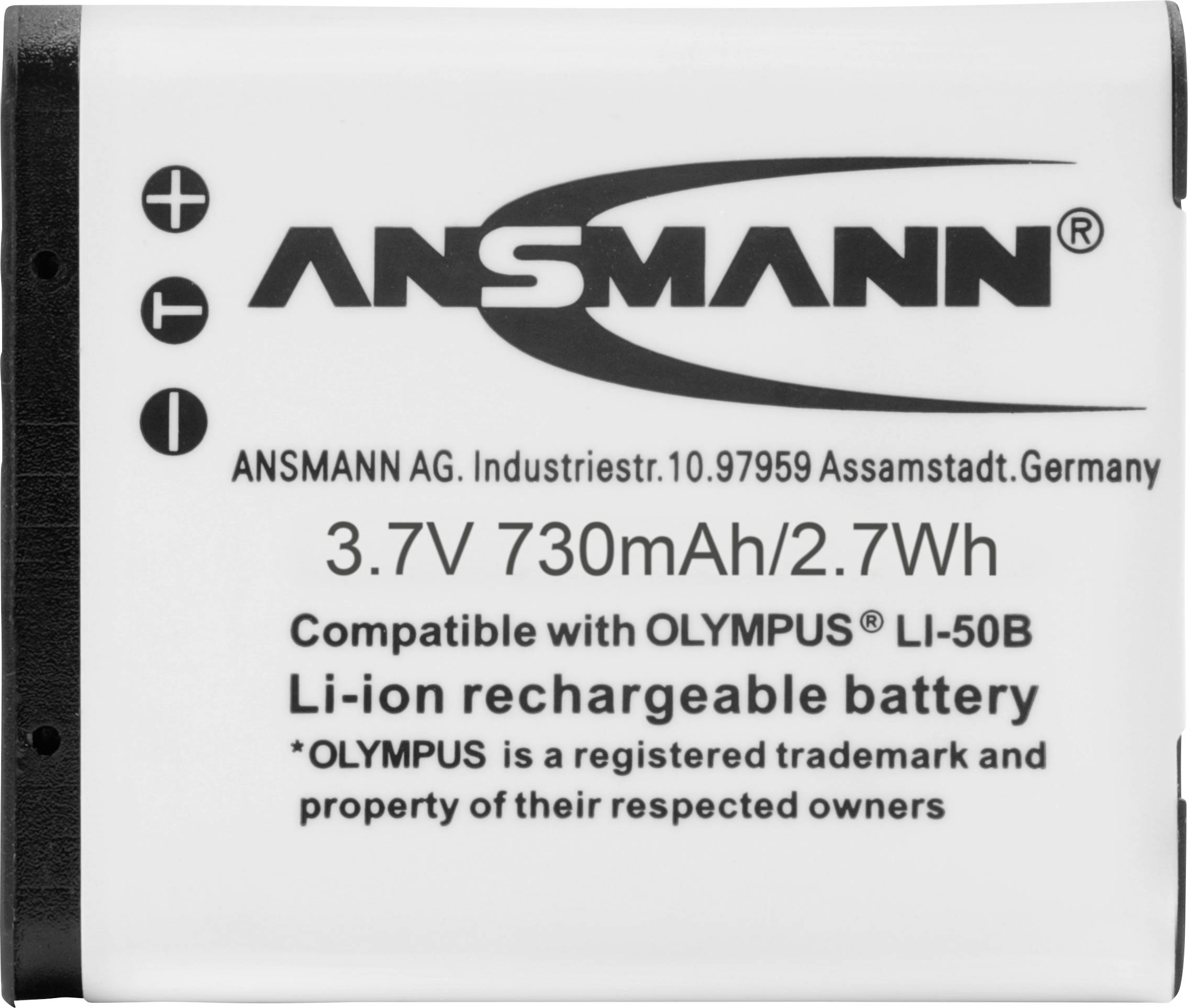 'ANSMANN' 3,7 V, 730 mAh, 2,7 Wh litij-ionska baterija, kompatibilna s Olympus LI-50B. Adresa proizvođača: ANSMANN AG, Njemačka.