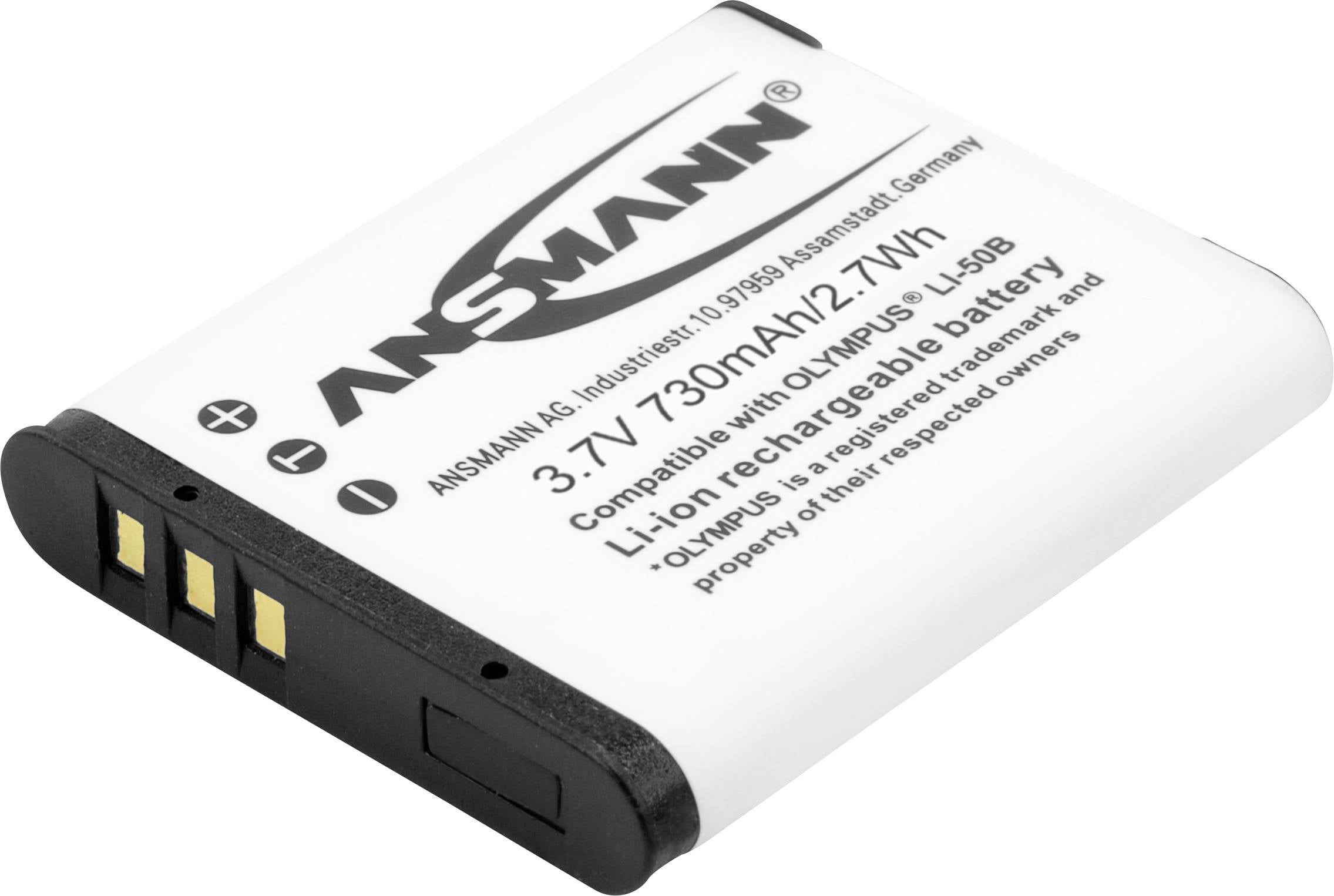 Bijeli litij-ionski akumulator marke 'Ansmann' s tehničkim podacima: 3,7V, 730mAh, 2,7Wh. Kompatibilan s Olympus Li-50B.