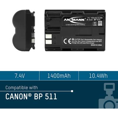 Litij-ionska baterija (7,4V, 1400mAh, 10,4Wh), kompatibilna s Canon BP 511, s detaljima opreza i izrade.