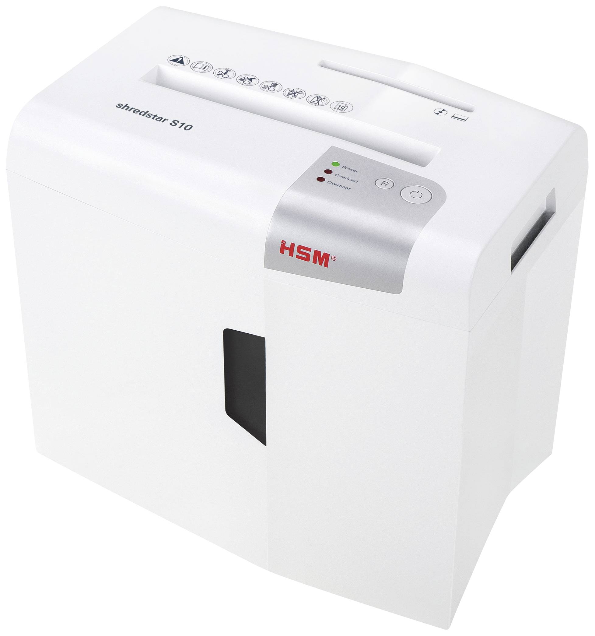 Bijeli uređaj za uništavanje dokumenata s HSM logotipom, model Shredstar S10. Sadrži upravljačke elemente i indikatorske lampice za rad i začepljenje papira.