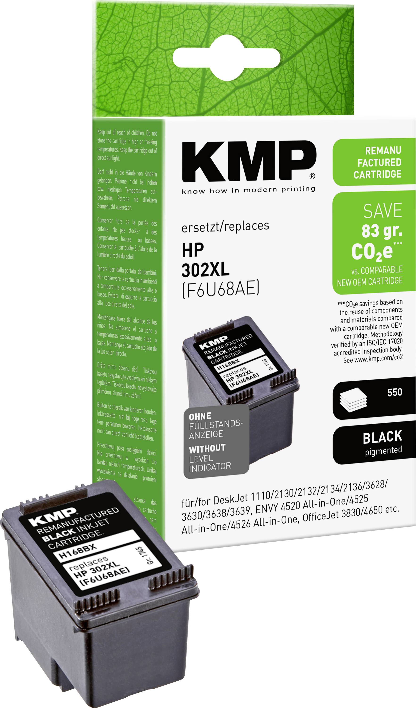 KMP obnovljena crna tinta s kutijom za cartridge, označena kao zamjena za HP 302XL i kompatibilna s DeskJet i OfficeJet pisačima.