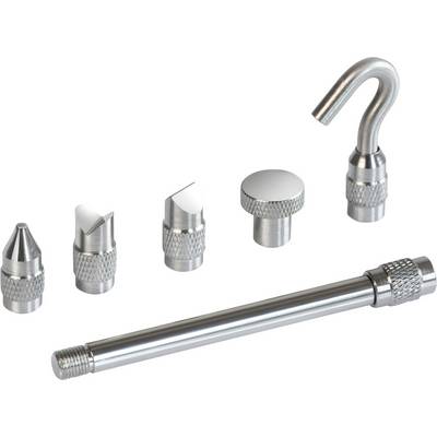Set od šest zamjenjivih metalnih nastavaka za alat, uključujući šipku, kuku i različite glave.