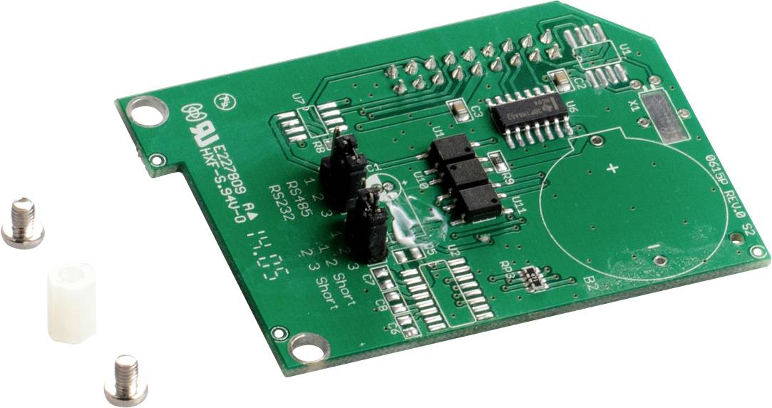 Zelena tiskana pločica s elektroničkim komponentama i priključcima. Pored nje leže dvije vijke i nosač razmaka.