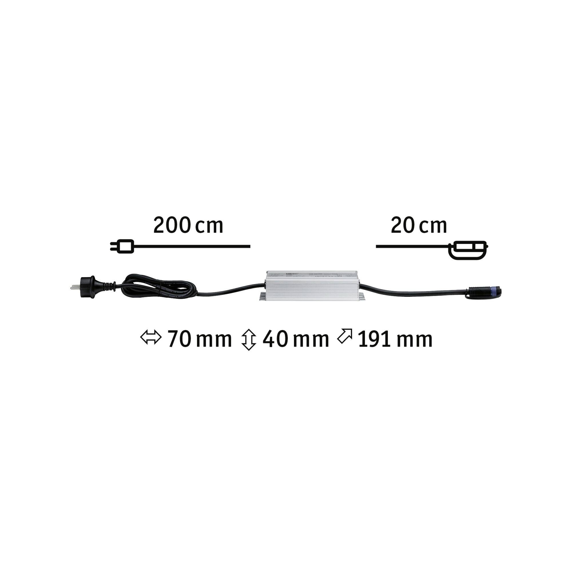 Napajanje s dimenzijama: 191 mm duljina, 70 mm širina, 40 mm visina. Lijevi kabel: 200 cm, desni kabel: 20 cm.