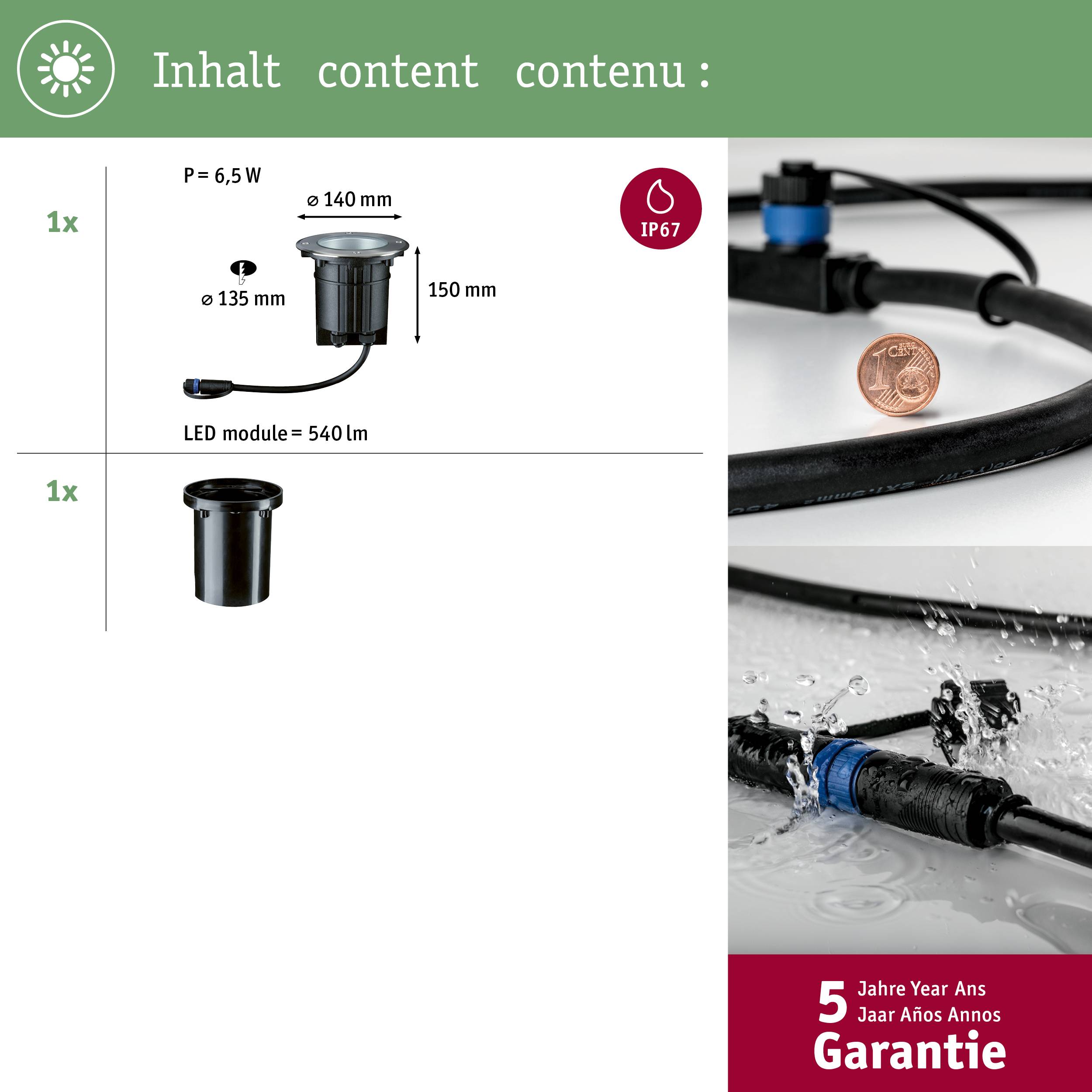 'Inhalt' prikazuje LED ugradbeni reflektorski set, certificiran IP67, 6,5 W, 540 lm. Jamstvo: 5 godina. Uključuje mjere i detalje priključenja.