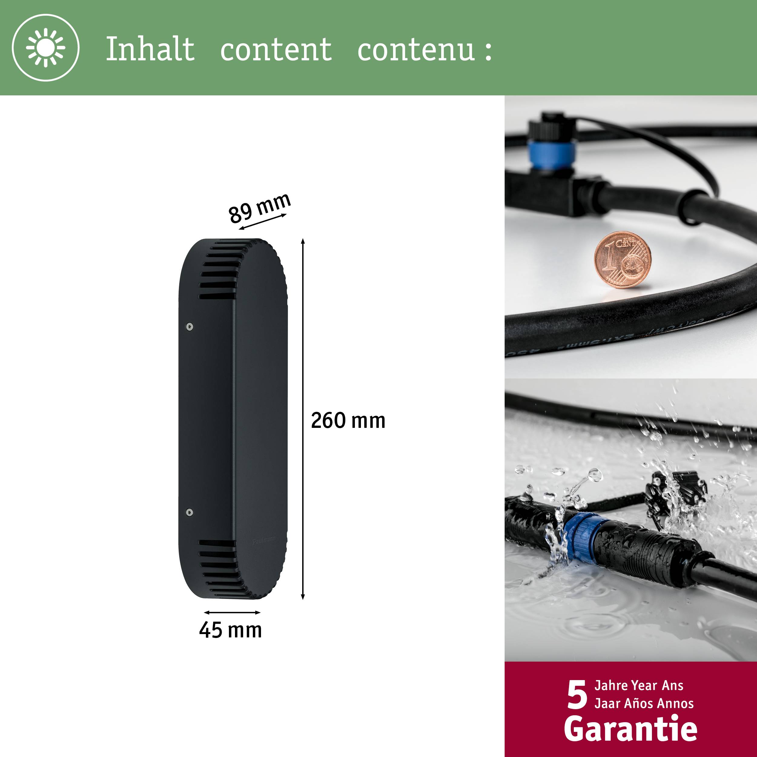 Uređaj dimenzija 260 mm x 89 mm x 45 mm, prikazan uz cijevi i 5-godišnju garanciju.