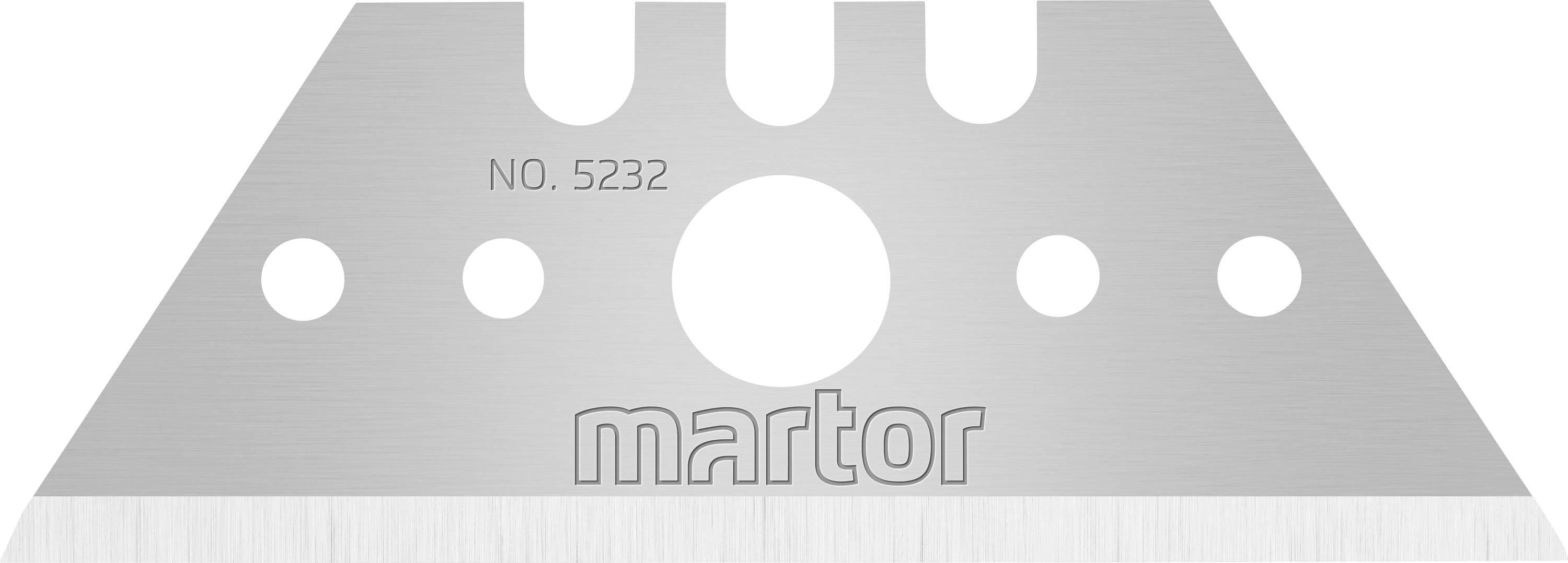 Srebrna zamjenska oštrica s natpisom 'NO. 5232' i 'Martor', pet kružnih rupa na vrhu, pravokutnog osnovnog oblika.