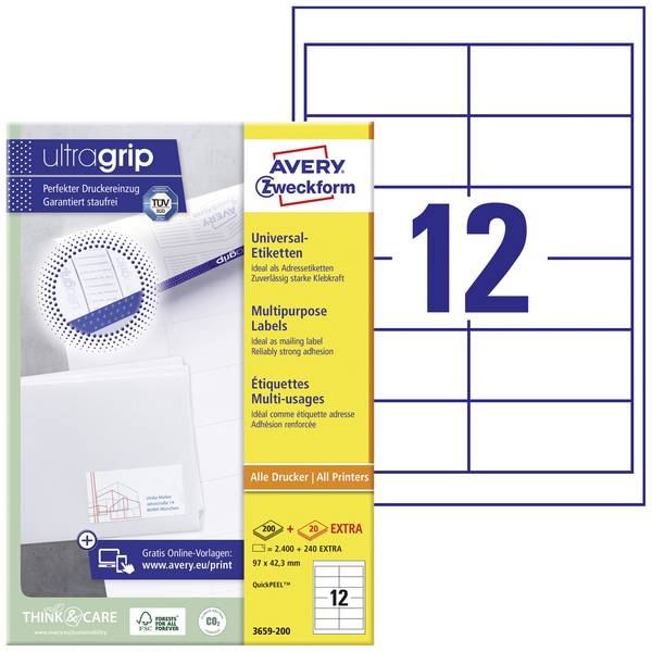 Avery-Zweckform 3659-200 univerzalne naljepnice 97 x 42.3 mm papir bijela 2640 St. trajno prianjanje  tintni pisač, laserski pisač, laserski pisač u boji, mašina za kopiranje, kopirni uređaj u boji, rukopis