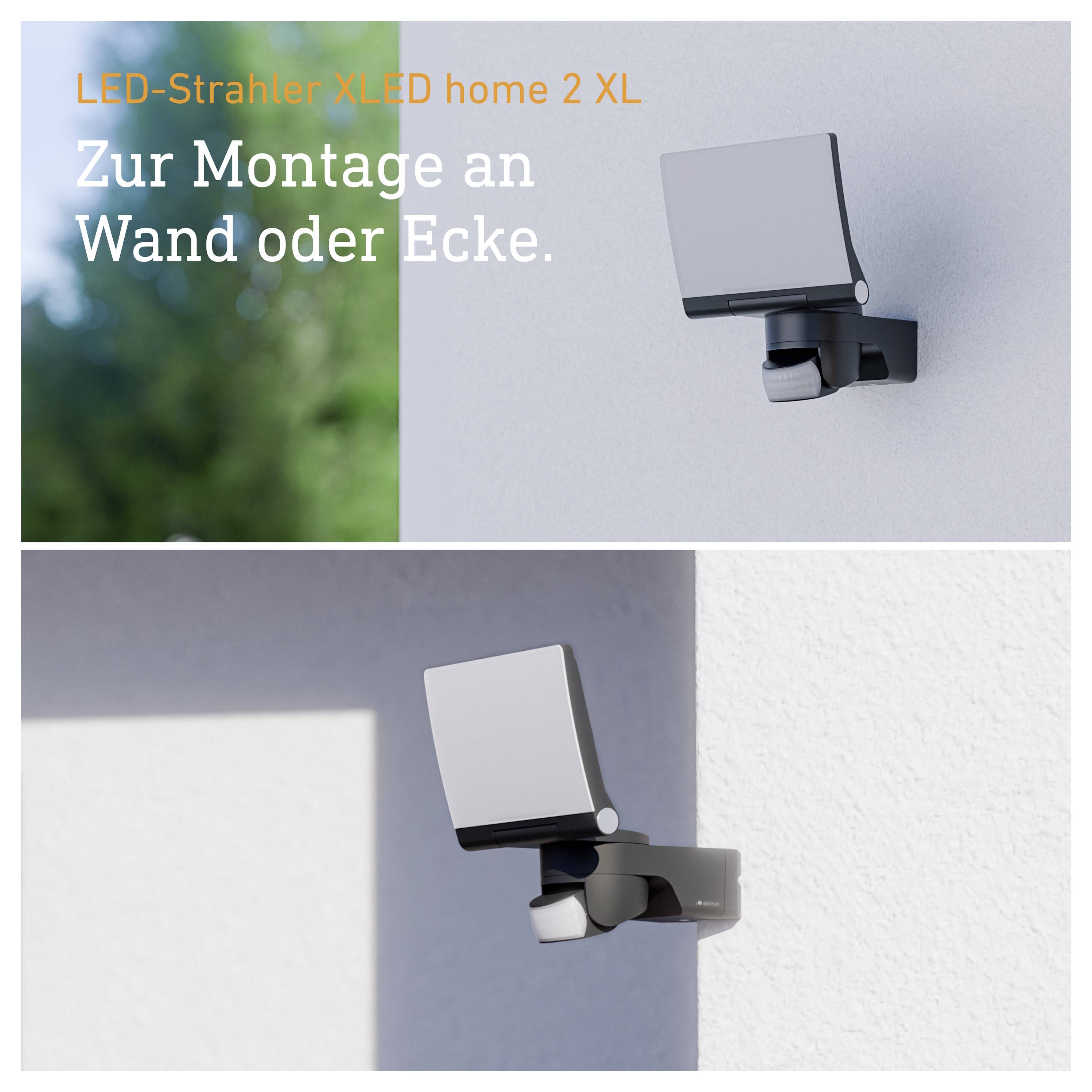 Promotivna slika za LED reflektor 'XLED home 2 XL' za montažu na zid ili kut, s prikazom proizvoda na vanjskoj stijeni kuće.