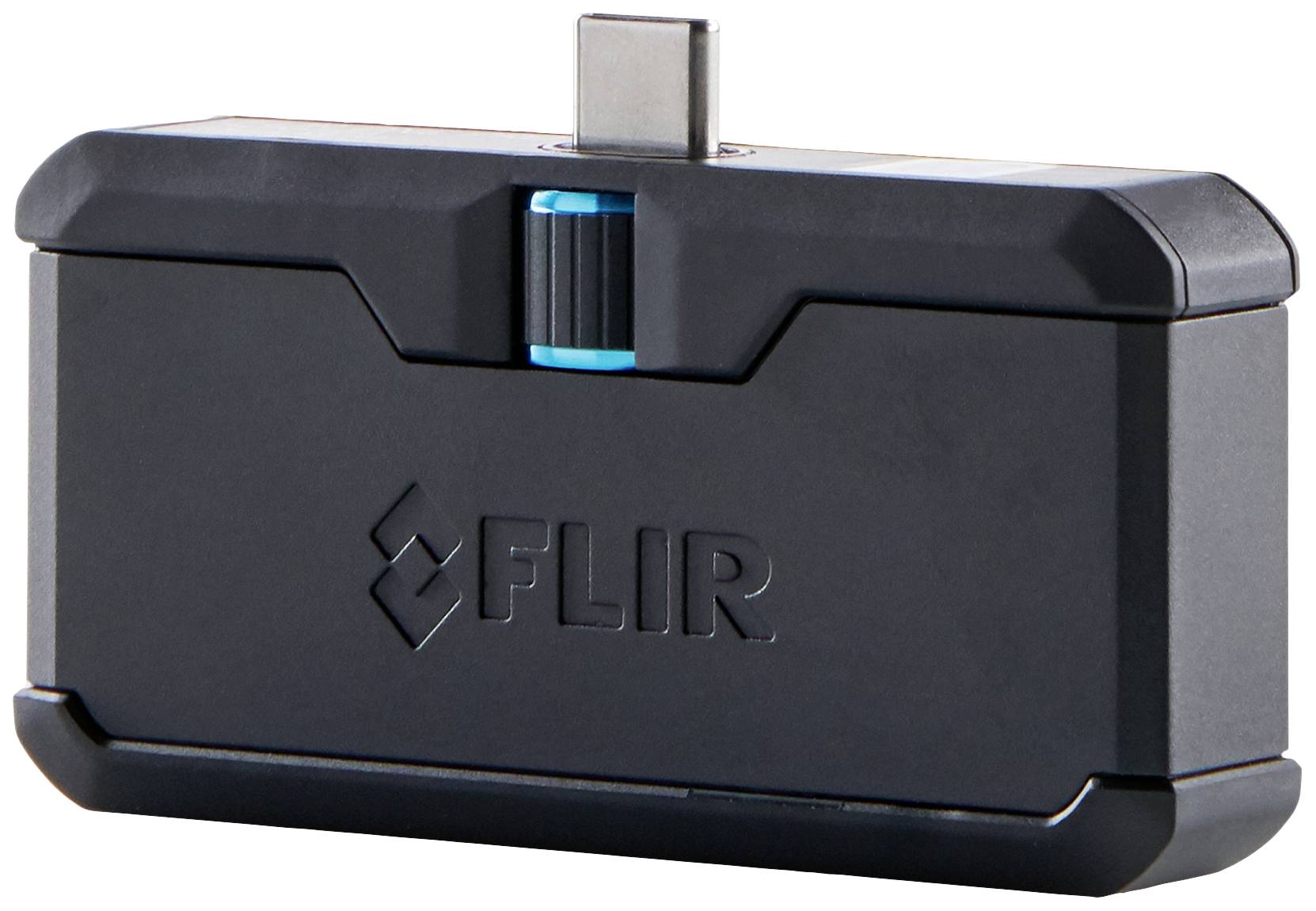 Crni, pravokutni uređaj s natpisom 'FLIR', opremljen USB-C priključkom i plavim okretnim gumbom.