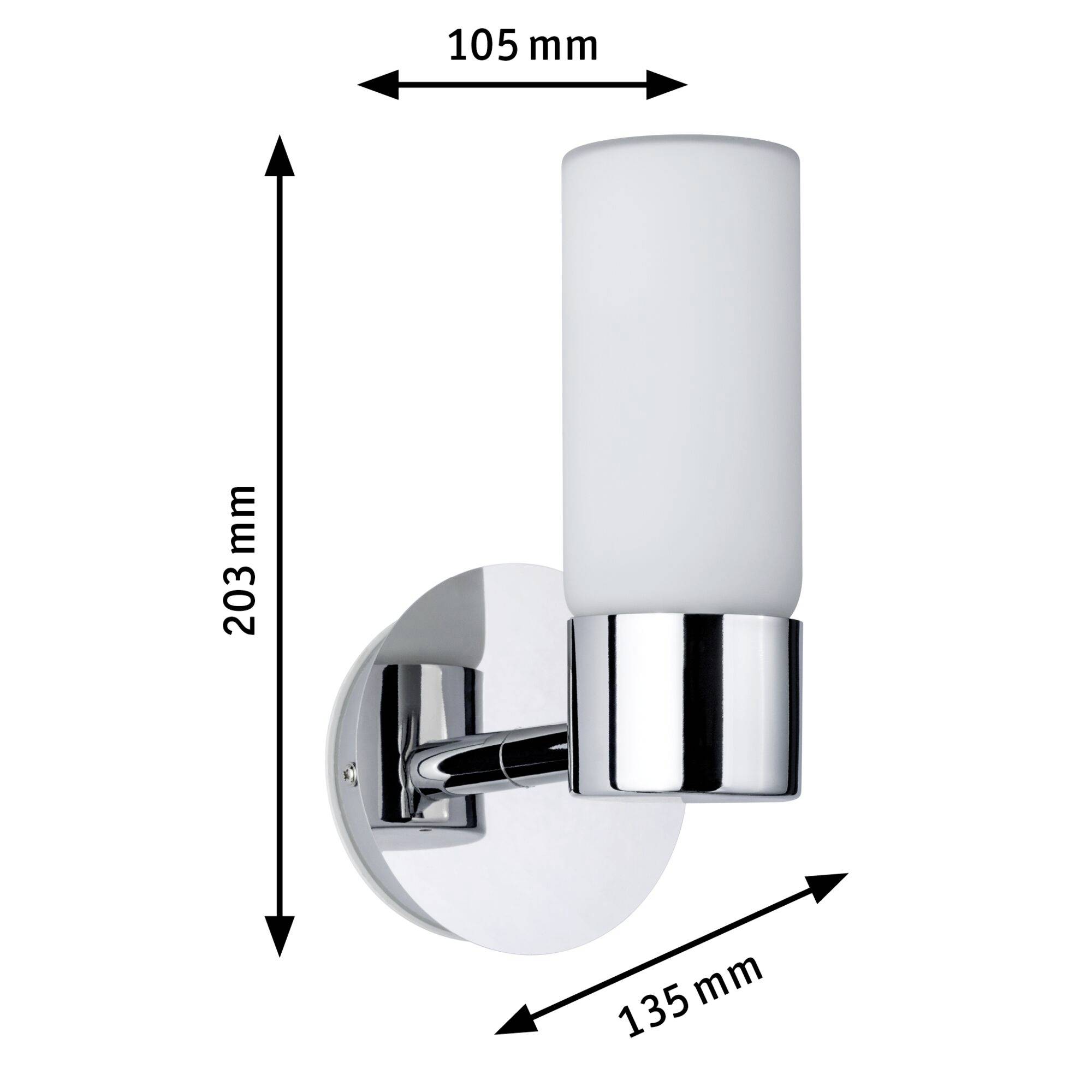 Zidna lampa s cilindričnim, bijelim staklom i kromiranim postoljem. Dimenzije: visina 203 mm, širina 105 mm, dubina 135 mm.