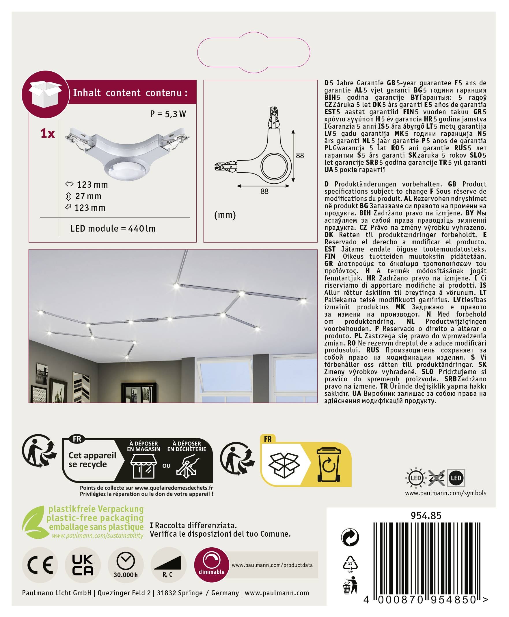 'Paket sadrži: LED stropnu lampu, potrošnja energije 5,3W. Dimenzije: 123 mm promjer, 88 mm razmak. Snaga LED-a: 440 lm.'