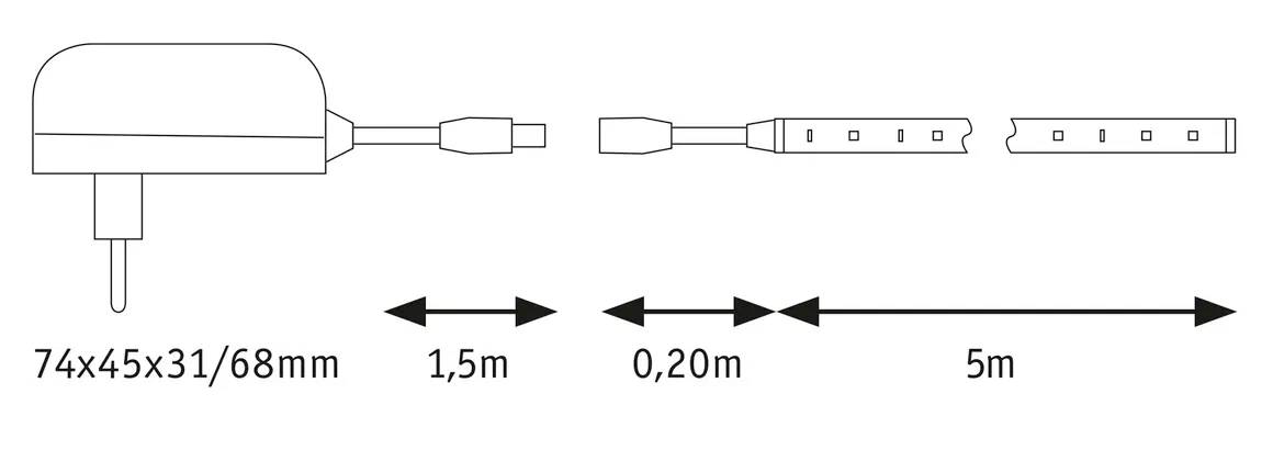 Električni produžni kabel s napajanjem. Dimenzije: 74x45x31/68 mm, dužine kabela: 1,5 m, 0,20 m, 5 m.