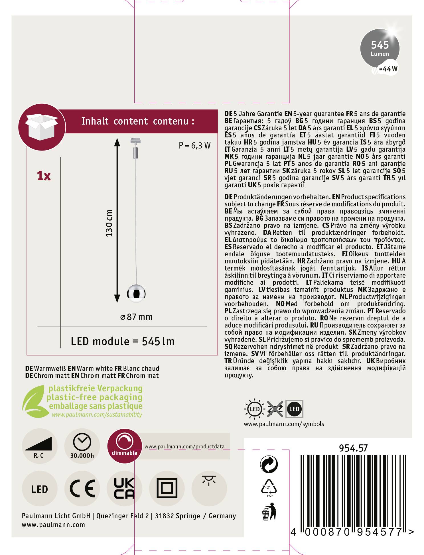 'Pakiranje LED-lampe od 545 lumena, duljine 190 cm, potrošnje energije 6,3 W. Uključuje CE-, UKCA- i REACH-simbole.'