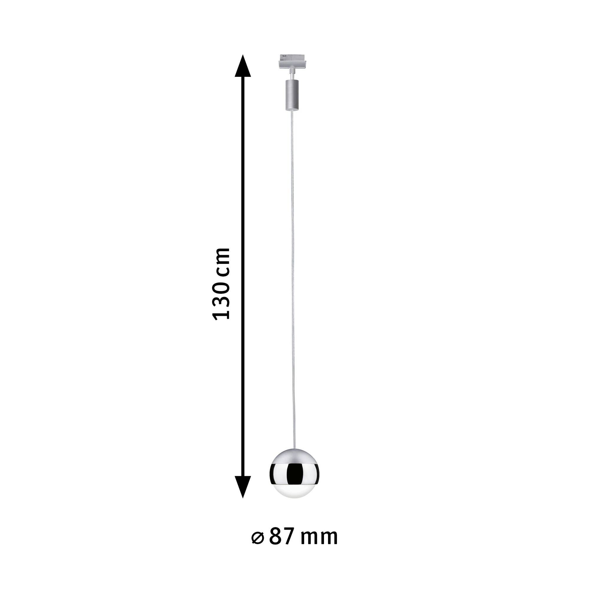 Viseća lampa s kuglastim sjenilom, ukupne dužine 130 cm, promjera 87 mm.