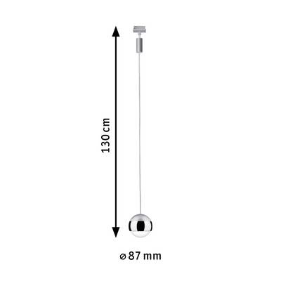 Viseća lampa s kuglastim sjenilom, ukupne dužine 130 cm, promjera 87 mm.
